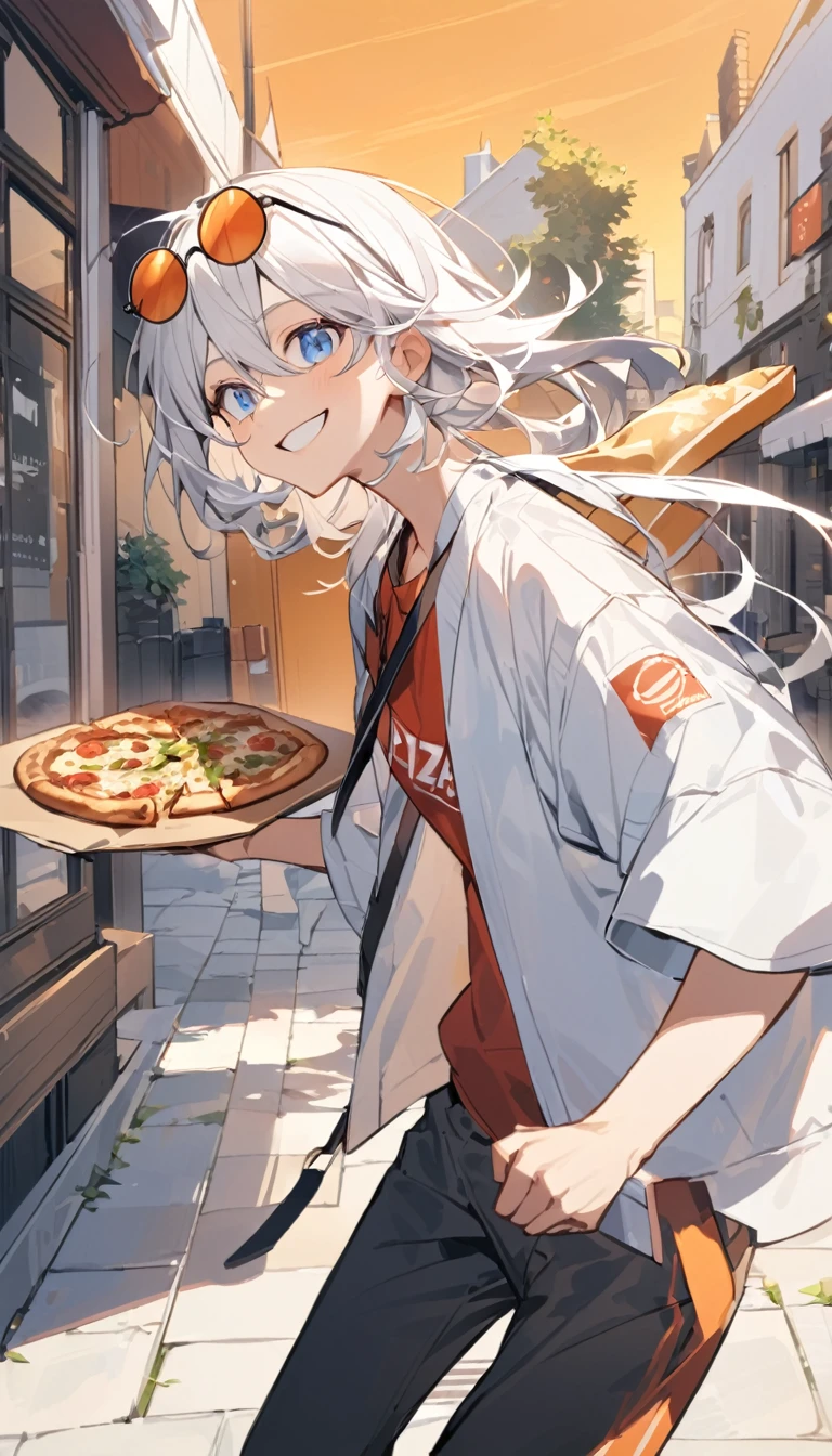 white man with circular sunglasses, white hair and light blue eyes, pizza delivery clothes, delivering a pizza. straight ahead with a carefree smile