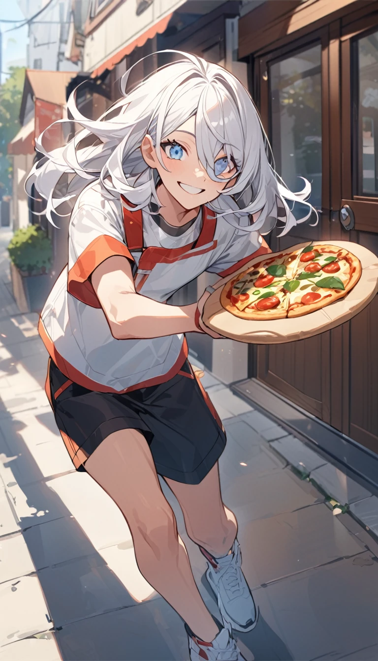 white man with circular sunglasses, white hair and light blue eyes, pizza delivery clothes, delivering a pizza. straight ahead with a carefree smile
