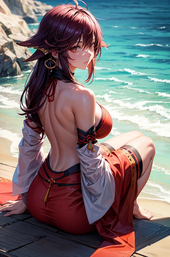Yae Miko sitting on beach, looking over shoulder, with dragon tattoo on her back