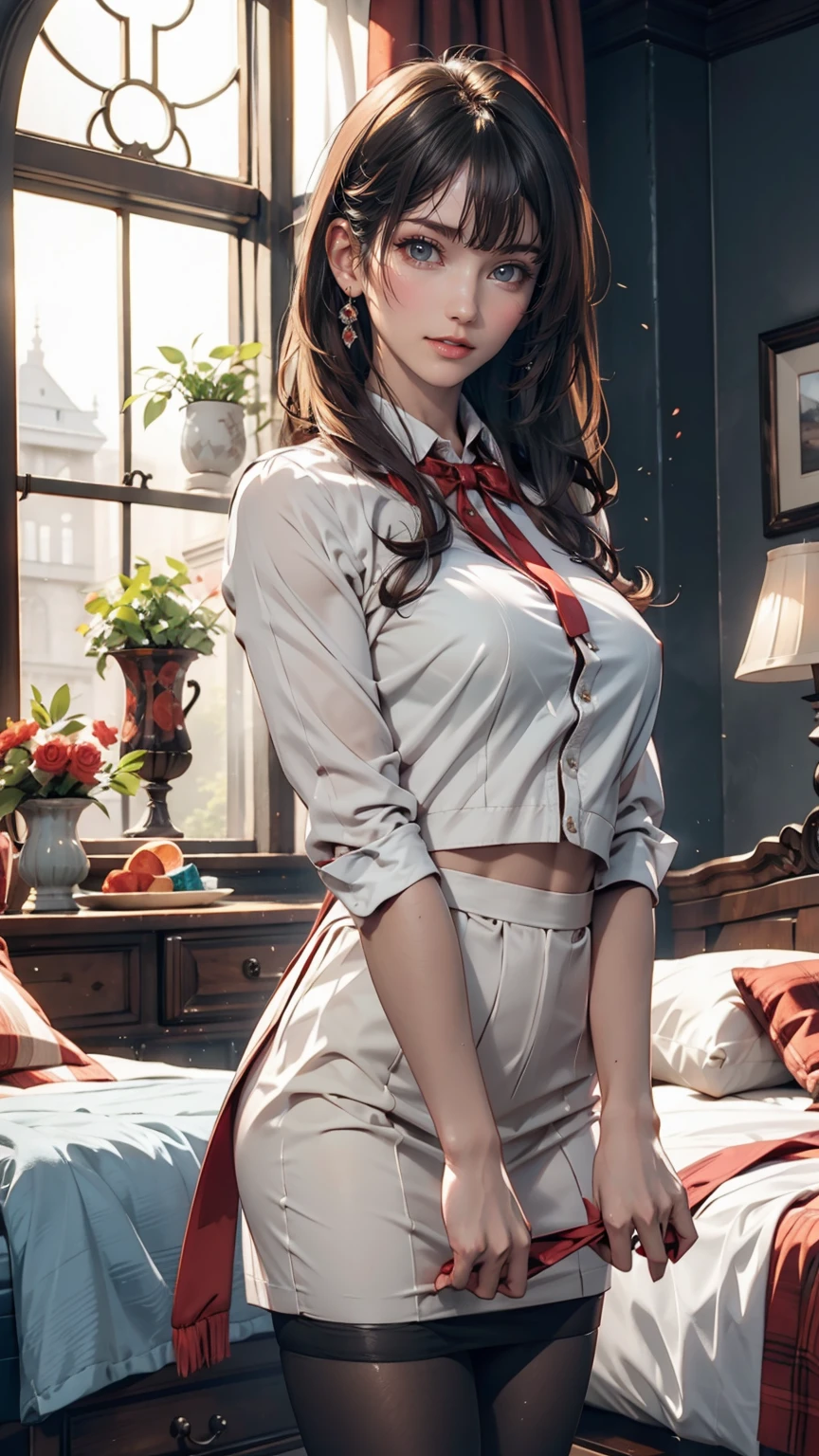 Minami Kotori, One girl, 一人in, masterpiece, One girl, Highest quality, Super detailed, (Shiny), , ((bedroom)), indoor, bed, :p, blush, Ray Tracing,perfect Lighting, (Shiny skin:1.2),reflection, length_hair, Looking_in_Audience, blush, skirt, ribbon, Twin tails, yellow_eye, pantyhose, bag, black_pantyhose, low_Twin tails, Light_brown_hair, Hello, Nipples, Browsing Caution,