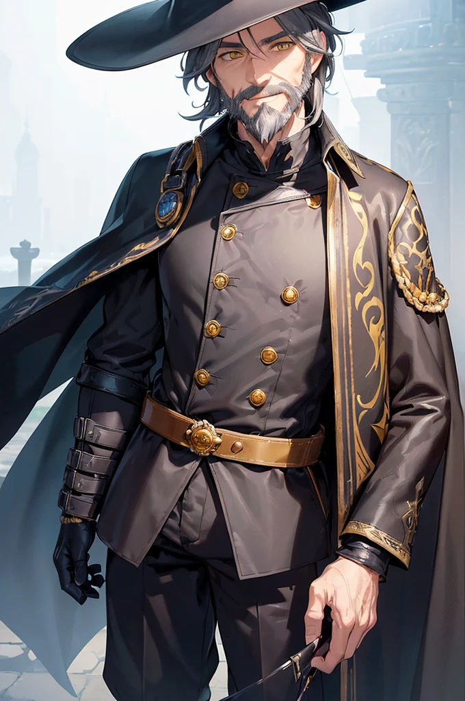 (((masterpiece; best quality: 1.2))), (finely detailed eyes: 1.3), (70 year old man), (solo), (yellow eyes: 1.4), (body; old, fit, masculine: 1.3), (grey hair and beard: 1.3), (beautiful and clear background: 1.2), ((depth of field)), (equipment: wanderer traveler dark attire + long dark coat and tunic + dark pants + dark wide-brimmed hat + dark gloves + dark cape + belt + pouches: 1.3), (anime illustration: 1.2), (background composition; royal garden: 1.1), (extremely fine and beautiful: 1.1), (shot composition; standing + centered on torso + close-up: 1.5), (expression; calm, smile: 1.2)