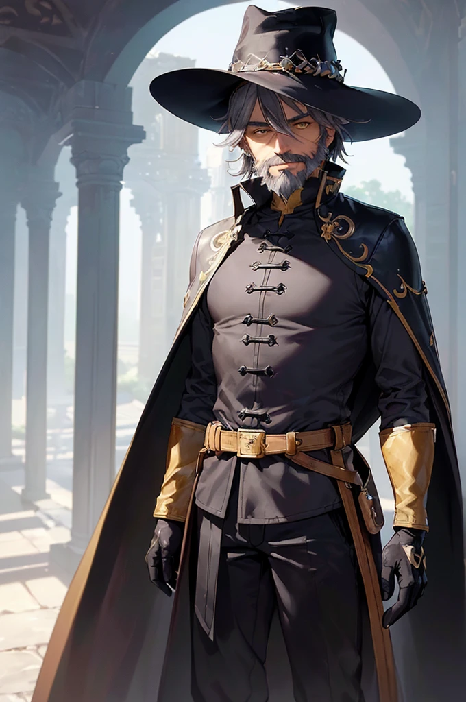 (((masterpiece; best quality: 1.2))), (finely detailed eyes: 1.3), (70 year old man), (solo), (yellow eyes: 1.4), (body; old, fit, masculine: 1.3), (grey hair and beard: 1.3), (beautiful and clear background: 1.2), ((depth of field)), (equipment: wanderer traveler dark attire + long dark coat and tunic + dark pants + dark wide-brimmed hat + dark gloves + dark cape + belt + pouches: 1.3), (anime illustration: 1.2), (background composition; royal garden: 1.1), (extremely fine and beautiful: 1.1), (shot composition; standing + centered on torso + close-up: 1.5), (expression; calm, smile: 1.2)