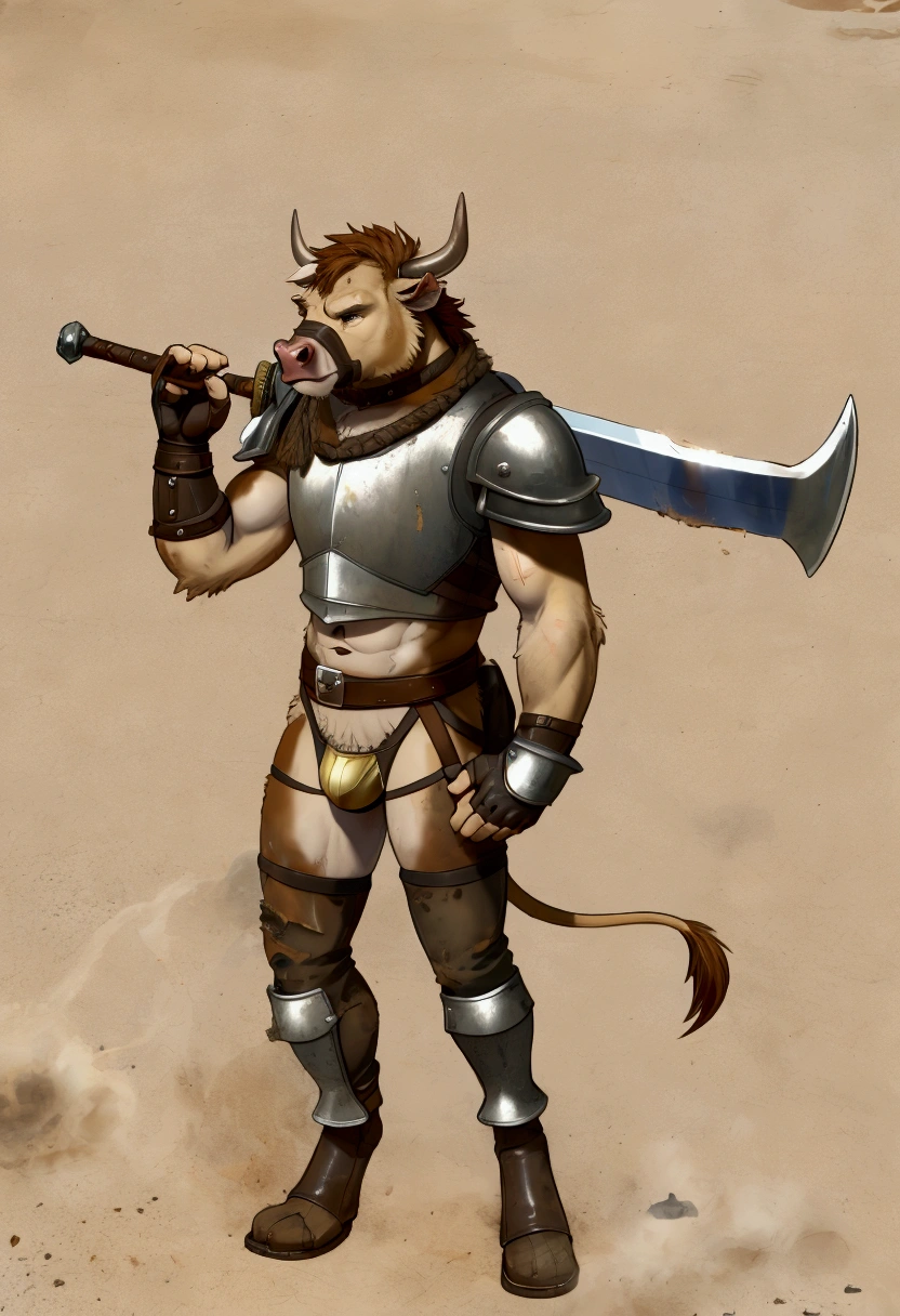 Solo Sexy young anthro furry bovine male mercenary medieval solider, slim slim muscular, anthro handsome gay shorter muzzle, handsome gay model male apperance, sword scars, worn out leather skimpy armament, low on hips heavy leather belt, old very worn out skimpy dirty linen material jockstrap, old yellow dirty worn out stains on white sawn jockstrap, very visible "x" brown seam pattern on the jockstrap, studded skimpy armlets breastplate armor, skimpy breastplate, leather bondages, fingerless leather gloves, smelly unwashed furr, dirty body look, desert battlefield, standing in sexy fighting position, close view of full character