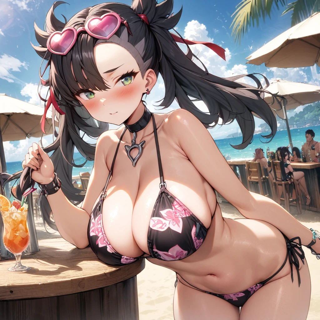 (masterpiece), best quality, expressive eyes, perfect face,1girl,gravure idol,big breasts,pink and black patterned string bikini,pink heart-shaped sunglases on head,strap gap,beach,beach bar,blush,cowboy shot,looking at viewer 
, red ribbon, asymmetrical bangs, twintails, green eyes, hair ribbon, black hair, marnie, heart pendant 