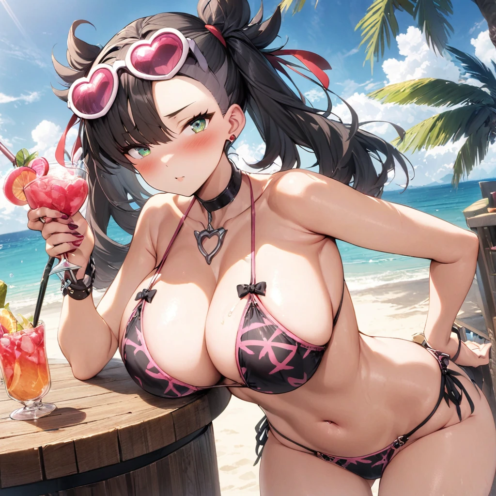 (masterpiece), best quality, expressive eyes, perfect face,1girl,gravure idol,big breasts,pink and black patterned string bikini,pink heart-shaped sunglases on head,strap gap,beach,beach bar,blush,cowboy shot,looking at viewer 
, red ribbon, asymmetrical bangs, twintails, green eyes, hair ribbon, black hair, marnie, heart pendant 