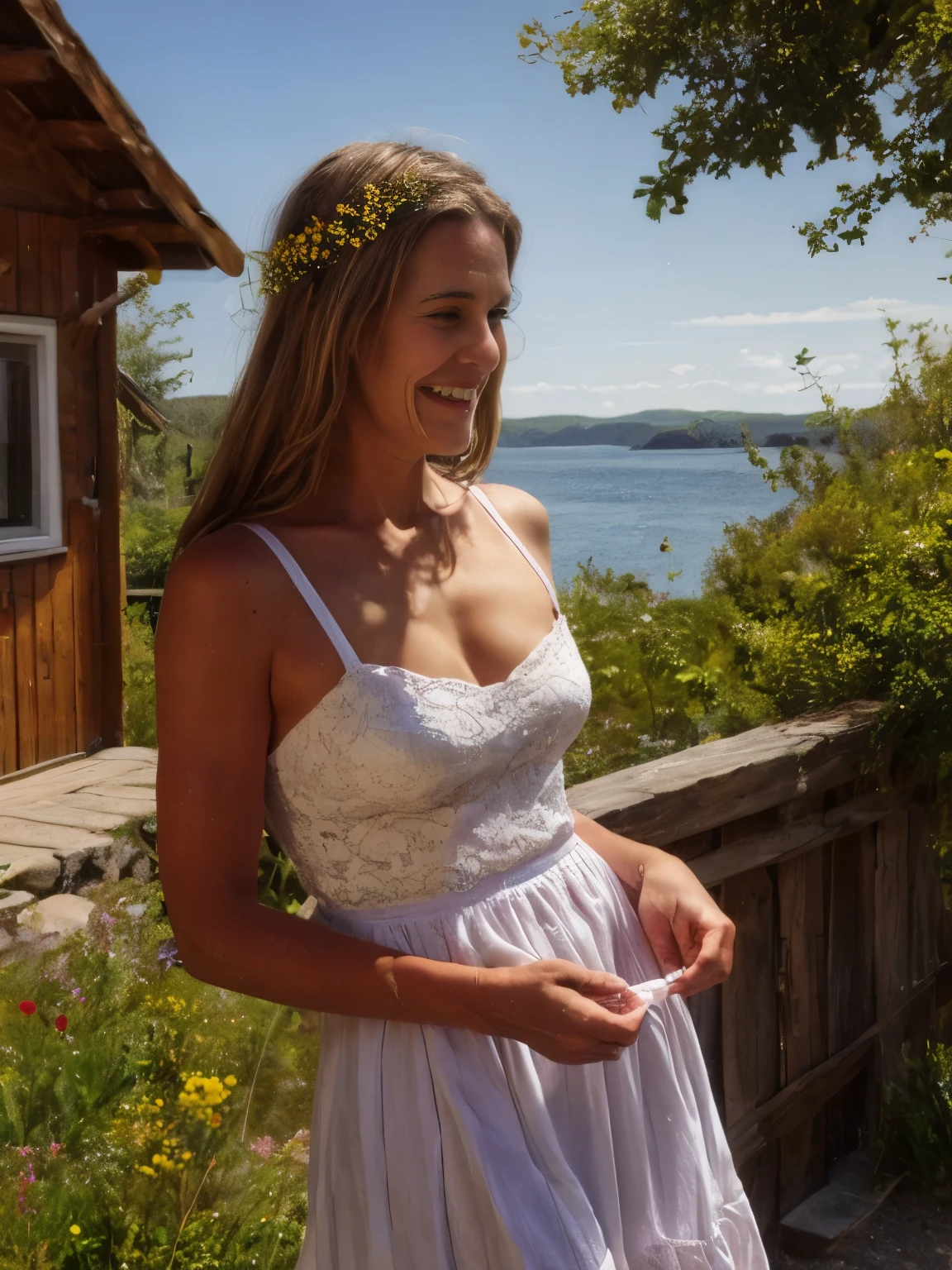 On a serene island in Sweden, amidst the enchanting Midsummer festivities, a woman stands in the garden of a beautifully maintained old home near the coast. The backdrop is dominated by the majestic silhouette of Kebnekaise mountain, its snow-capped peaks glistening in the soft light of the midnight sun.
The woman is dressed elegantly in a traditional Swedish folk dress, known as a "midsommarklänning," adorned with delicate patterns of wildflowers and vibrant colors that mirror the surrounding nature. Her hair is styled with a wreath of fresh blooms, woven intricately into her golden locks, enhancing her natural beauty against the backdrop of the island's lush greenery and blooming gardens.
Nearby, local villagers and visitors gather joyously around a maypole adorned with ribbons and garlands, its base surrounded by fragrant herbs and wildflowers picked from the island's meadows. The air is filled with the sweet aroma of freshly baked pastries, strawberries, and the tang of seawater carried on the breeze.
The old home, with its weathered wooden walls painted in traditional Swedish colors of Falun red and white trim, exudes charm and history. Its windows are adorned with lace curtains billowing gently in the breeze, offering glimpses of festivities within—a cozy gathering of friends and family celebrating the longest day of the year in true Swedish tradition.
In the distance, fishing boats with names like "Viking" and "Sjöfararen" bob gently in the tranquil waters of the Baltic Sea, their reflections shimmering under the midnight sun. Seabirds circle overhead, adding to the serene atmosphere of this picturesque island setting during the magical Midsummer festival.
The woman's posture is graceful and poised, her eyes bright with the spirit of celebration and community. Her smile is gentle yet infectious, capturing the joy and camaraderie of the Midsummer festivities against the backdrop of Kebnekaise mountain and the timeless beauty of the Swedish arc