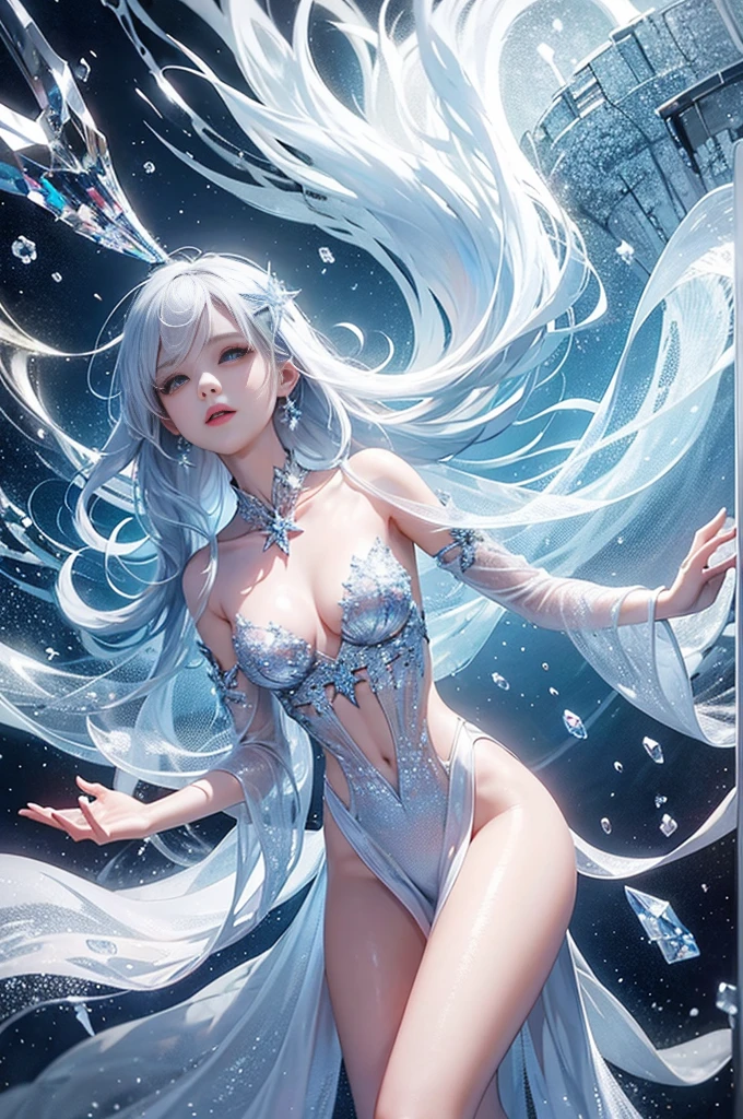 wood, Exquisite mini ice spikes and crystals, A frozen waterfall in the background, Light reflected by ice crystals, Flowing snowflakes、pretty girl,Small and beautiful breasts,Beautiful cleavage、Crystal Dress