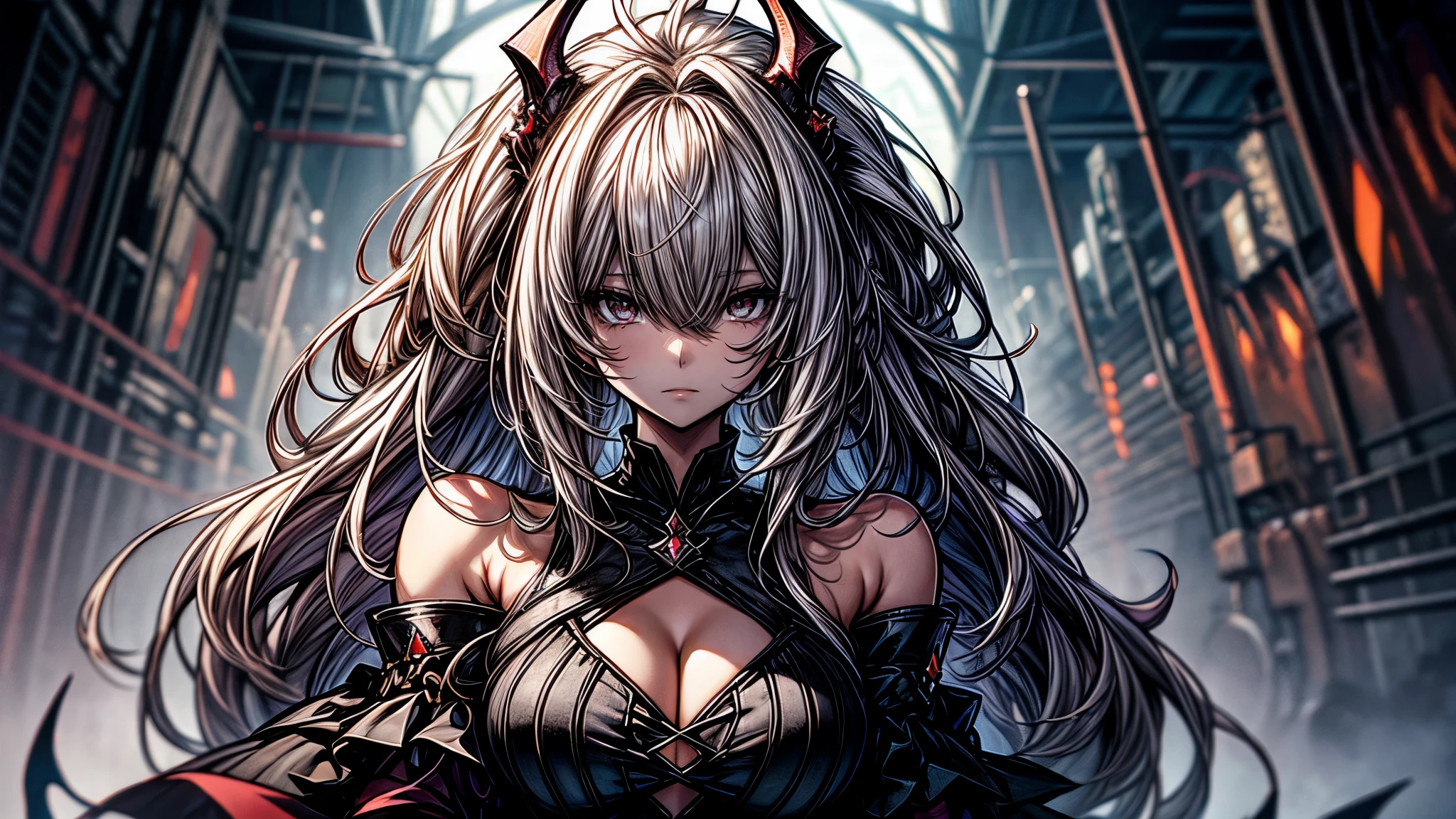 1girl, bangs, long hair, messy hair, gradient_eyes, diamond-shaped pupils, demon girl, royal type shoulder off dress, Conceptual art, masterpiece, super detail, high details, high quality, best quality, highres
