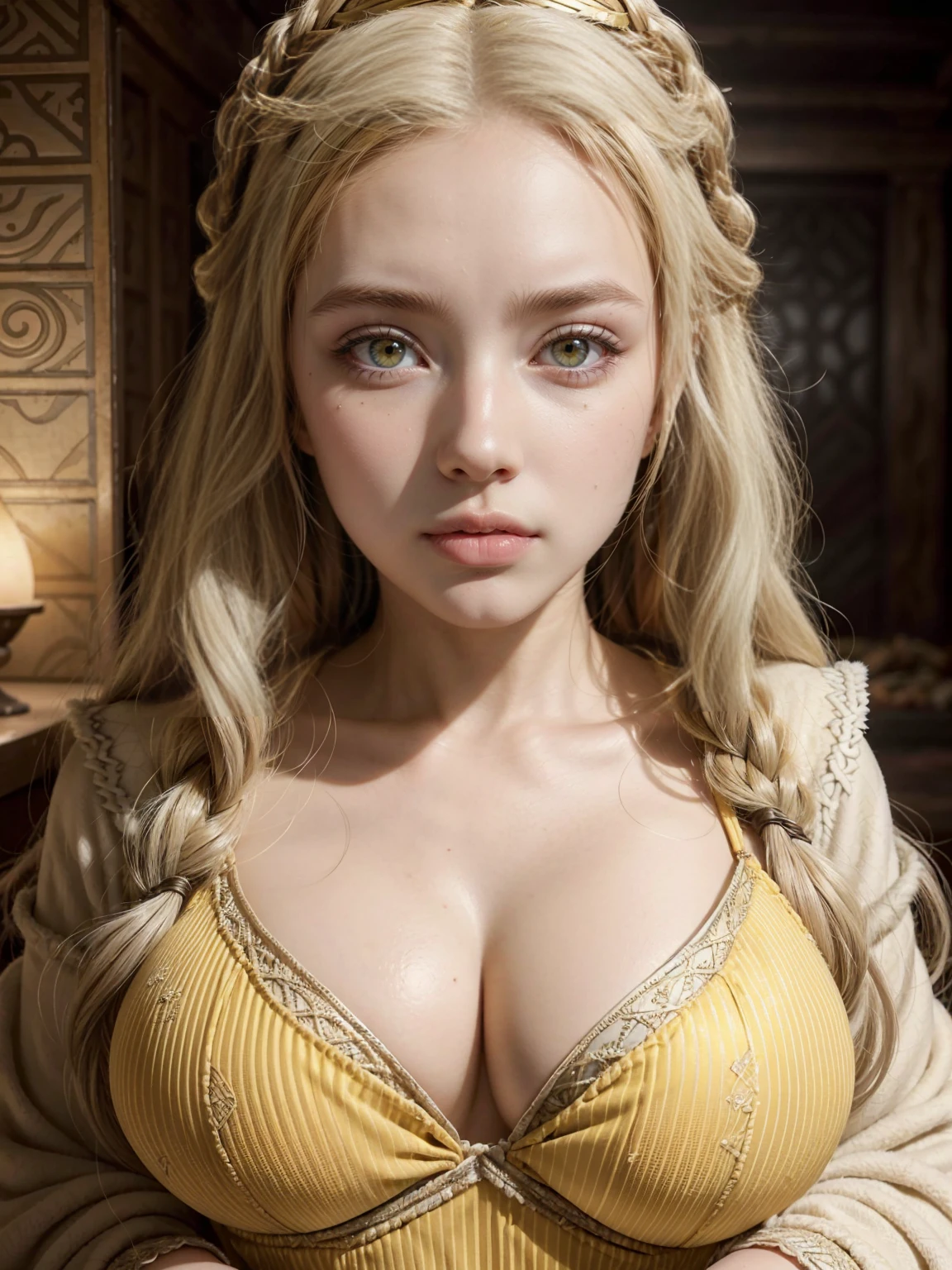 1 arab Girl Beautiful, Baby symmetric Face, ,,enormous Breasts ,,((wearing Daenerys Winter Outfit)) long white curly and wavy White Hair tied in a daenerys from game of thrones airstyle. adorable masterpiece ((yellow honey colored eyes)) , very thick hourglass figure body, closeup view, looking at viewer showing cleavage for portrait