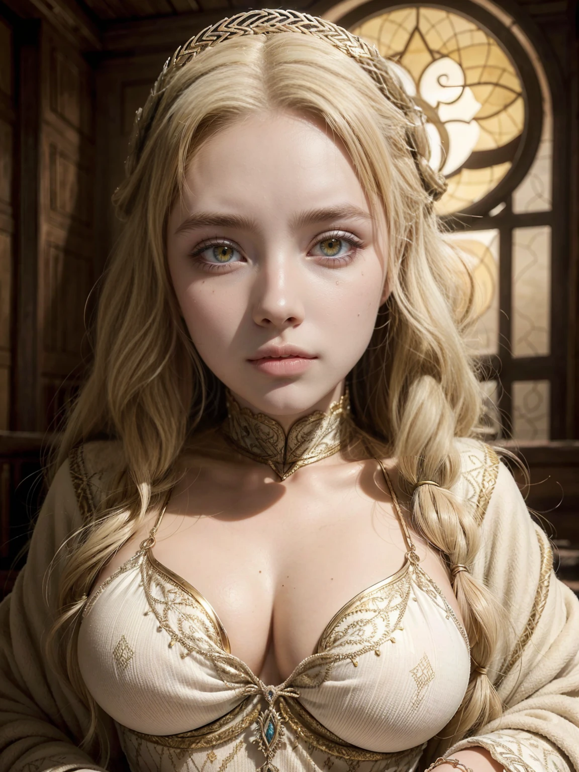 1 arab Girl Beautiful, Baby symmetric Face, ,,enormous Breasts ,,((wearing Daenerys Winter Outfit)) long white curly and wavy White Hair tied in a daenerys from game of thrones airstyle. adorable masterpiece ((yellow honey colored eyes)) , very thick hourglass figure body, closeup view, looking at viewer showing cleavage for portrait 
