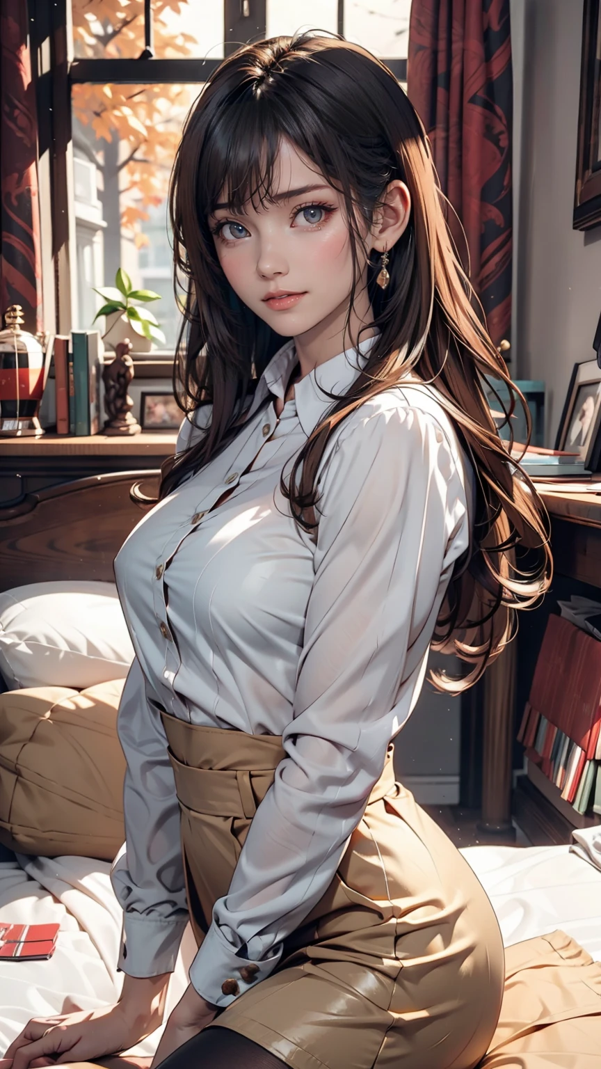 Minami Kotori, One girl, 一人in, masterpiece, One girl, Highest quality, Super detailed, (Shiny), , ((bedroom)), indoor, bed, :p, blush, Ray Tracing,perfect Lighting, (Shiny skin:1.2),reflection, length_hair, Looking_in_Audience, blush, skirt, ribbon, Twin tails, yellow_eye, pantyhose, bag, black_pantyhose, low_Twin tails, Light_brown_hair, Hello, Nipples, Browsing Caution,