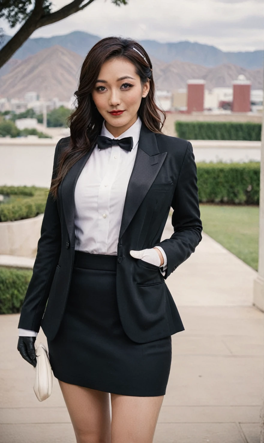 a beautiful picture of fukuharaXL ,woman,detailed skin texture,masterpiece, photorealistic, light, RAW color photo,(fully in frame:1.1), (blush:0.5), (goosebumps:0.5),(((black silk skirt suit))), (((three-piece suit))), (((tuxedo))), (((dress shirt))), (((black bowtie))), (((black blazer))), (((dinner jacket))), (((waistcoat))), double-breasted waistcoat, (((bodycon miniskirt))), pocket square, cufflinks, white gloves,detailed face,outdoors, (smile:0.5), film grain,cinematic lightning,fujifilm ,detailed eyes,camera, smile, office background, hair down, makeup, lipstick, mascara, eyeliner, eyeshadow, silky glossy hair, high heels, pinup pose, slender figure, cummerbund