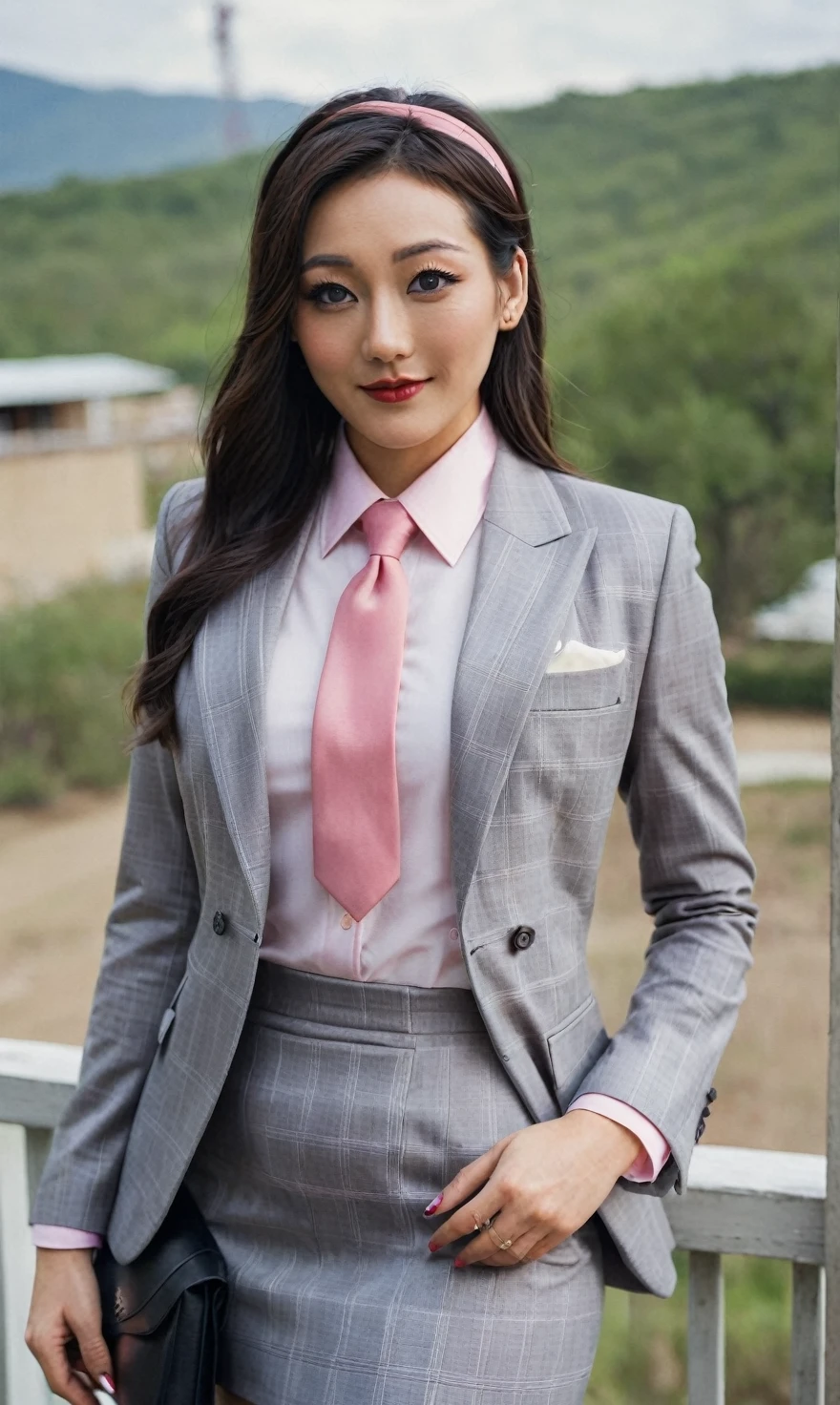 a beautiful picture of fukuharaXL ,woman,detailed skin texture,masterpiece, photorealistic, light, RAW color photo,(fully in frame:1.1), (blush:0.5), (goosebumps:0.5),(((light grey plaid silk skirt suit))), (((three-piece suit))), (((pink dress shirt with white collar))), contrast shirt collar, (((pink necktie))), (((blazer))), (((suit jacket))), (((waistcoat))), double-breasted waistcoat, (((bodycon miniskirt))), pocket square, cufflinks, tie clip,detailed face,outdoors, (smile:0.5), film grain,cinematic lightning,fujifilm ,detailed eyes,camera, smile, office background, hair down, makeup, lipstick, mascara, eyeliner, eyeshadow, silky glossy hair, high heels, pinup pose, hairband