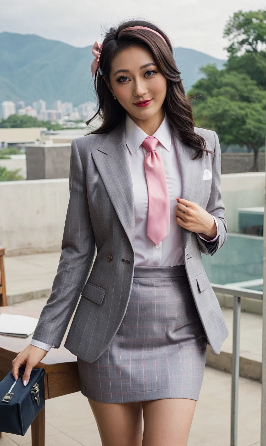 a beautiful picture of fukuharaXL ,woman,detailed skin texture,masterpiece, photorealistic, light, RAW color photo,(fully in frame:1.1), (blush:0.5), (goosebumps:0.5),(((light grey plaid silk skirt suit))), (((three-piece suit))), (((pink dress shirt with white collar))), contrast shirt collar, (((pink necktie))), (((blazer))), (((suit jacket))), (((waistcoat))), double-breasted waistcoat, (((bodycon miniskirt))), pocket square, cufflinks, tie clip,detailed face,outdoors, (smile:0.5), film grain,cinematic lightning,fujifilm ,detailed eyes,camera, smile, office background, hair down, makeup, lipstick, mascara, eyeliner, eyeshadow, silky glossy hair, high heels, pinup pose, hairband