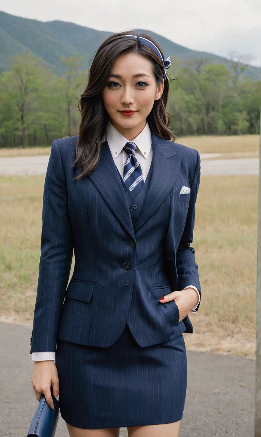 a beautiful picture of fukuharaXL ,woman,detailed skin texture,masterpiece, photorealistic, light, RAW color photo,(fully in frame:1.1), (blush:0.5), (goosebumps:0.5),(((navy pinstripe silk skirt suit))), (((three-piece suit))), (((light blue dress shirt with white collar))), (((necktie))), (((blazer))), (((suit jacket))), ((waistcoat)), double-breasted waistcoat, (((bodycon miniskirt))), pocket square, cufflinks, tie clip,detailed face,outdoors, (smile:0.5), film grain,cinematic lightning,fujifilm ,detailed eyes,camera, smile, office background, hair down, makeup, lipstick, mascara, eyeliner, eyeshadow, silky glossy hair, high heels, pinup pose, slender figure, hairband