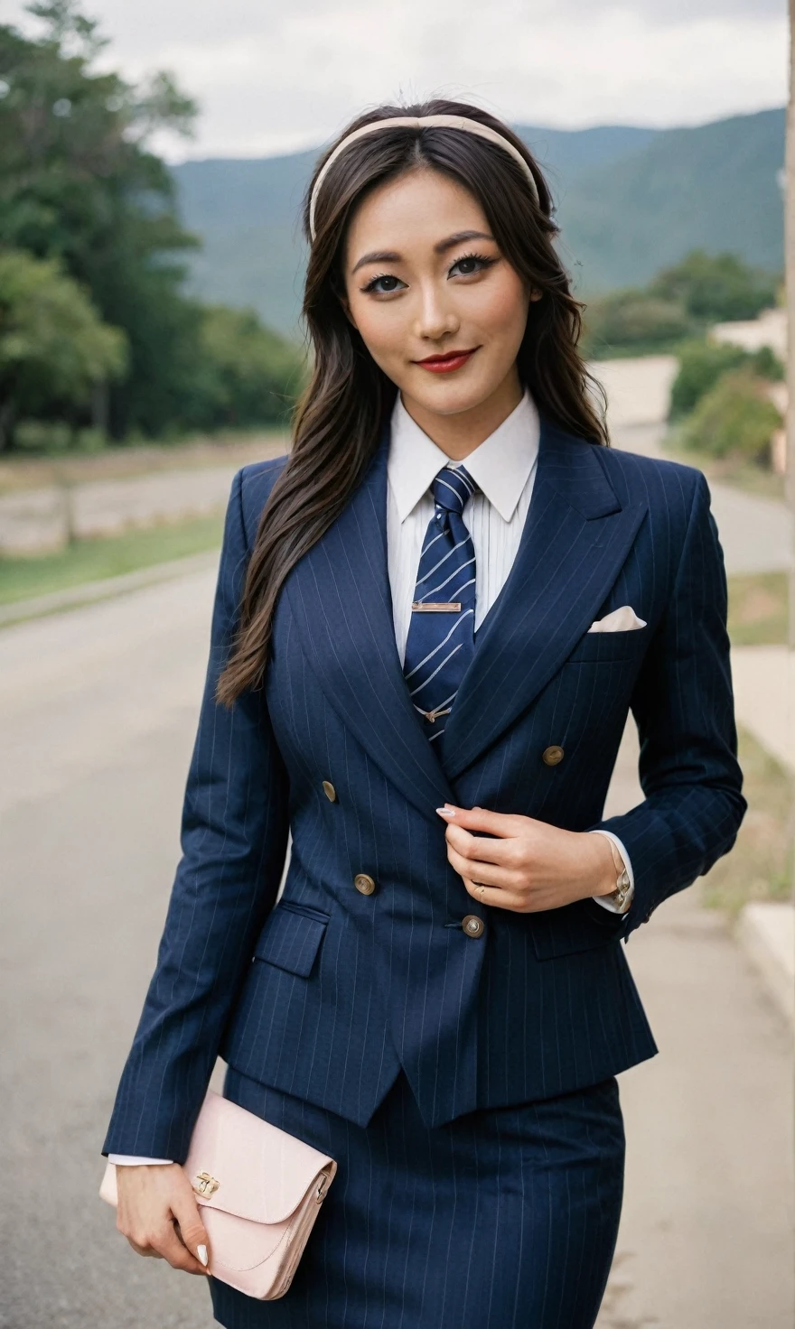 a beautiful picture of fukuharaXL ,woman,detailed skin texture,masterpiece, photorealistic, light, RAW color photo,(fully in frame:1.1), (blush:0.5), (goosebumps:0.5),(((navy pinstripe silk skirt suit))), (((three-piece suit))), (((light blue dress shirt with white collar))), (((necktie))), (((blazer))), (((suit jacket))), ((waistcoat)), double-breasted waistcoat, (((bodycon miniskirt))), pocket square, cufflinks, tie clip,detailed face,outdoors, (smile:0.5), film grain,cinematic lightning,fujifilm ,detailed eyes,camera, smile, office background, hair down, makeup, lipstick, mascara, eyeliner, eyeshadow, silky glossy hair, high heels, pinup pose, slender figure, hairband
