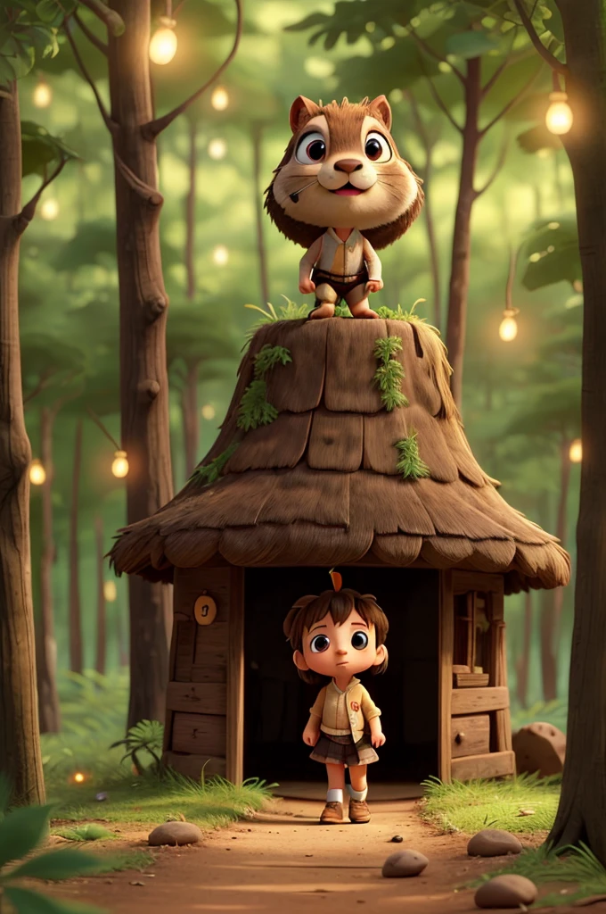 A very girl, the size of an ant, is walking towards the forest and is on top of a groundhog and there are fireflies.