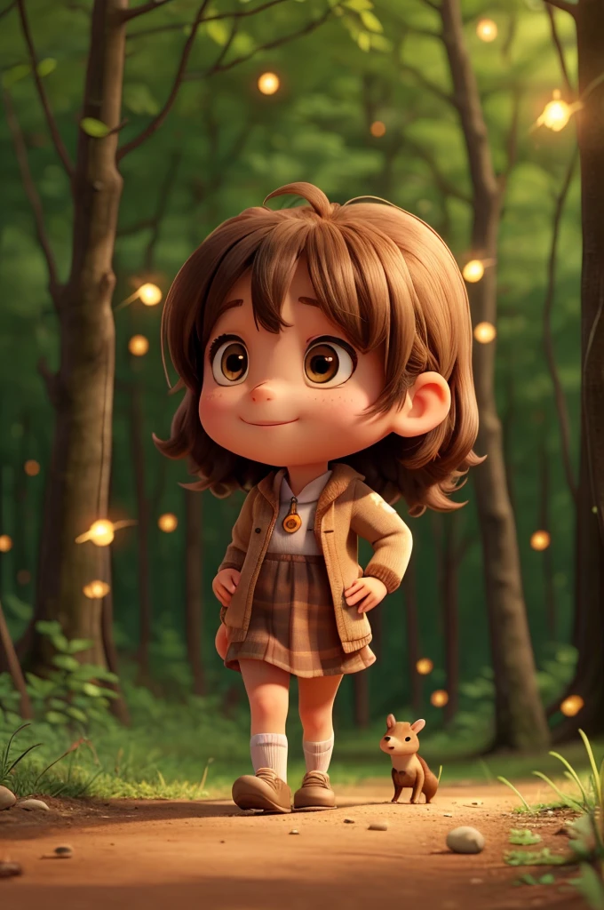 A very small girl, the size of an ant, is walking towards the forest and is on top of a groundhog and there are fireflies.