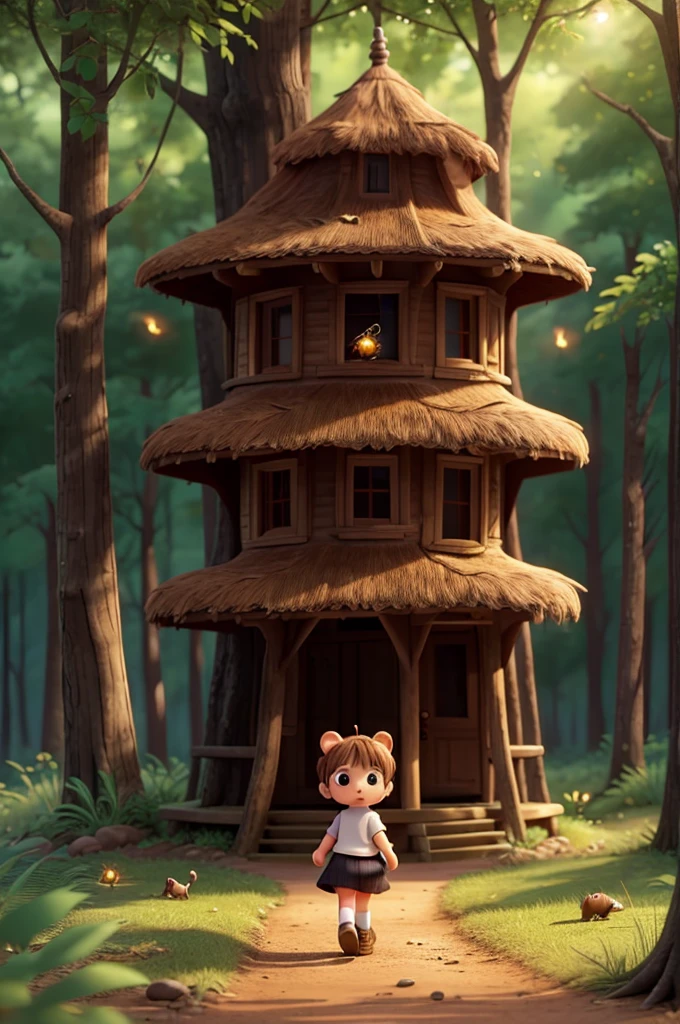 A very small girl, the size of an ant, is walking towards the forest and is on top of a groundhog and there are fireflies.