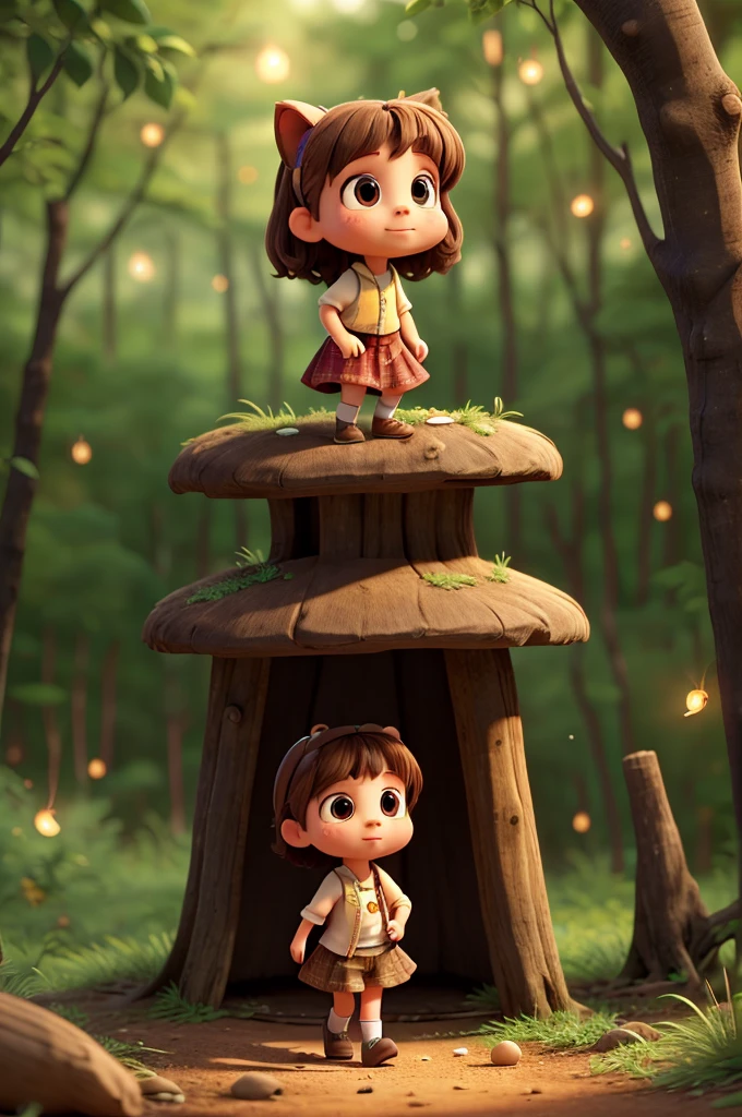 A very small girl, the size of an ant, is walking towards the forest and is on top of a groundhog and there are fireflies.