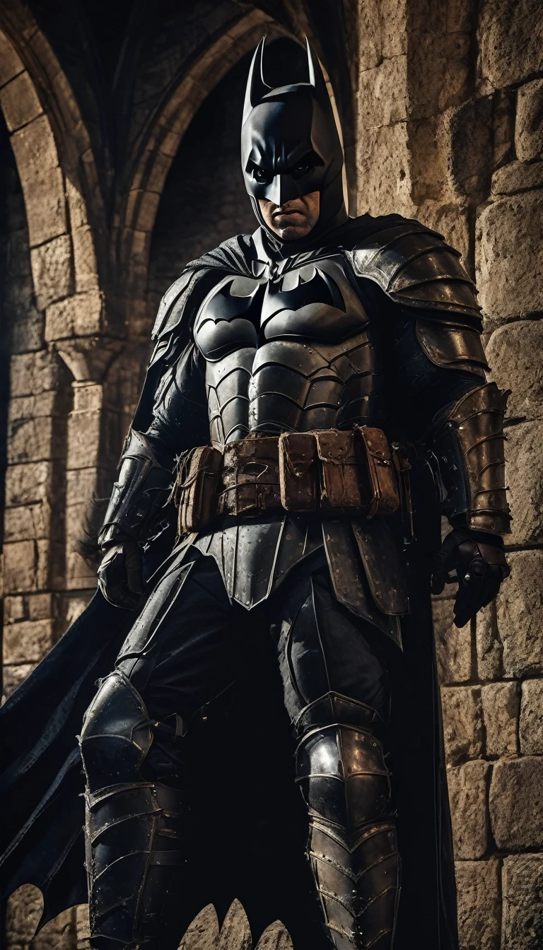 Batman dark knight,medieval knight,crossbow,heavily armored,intricate armor,medieval castle,moody lighting,cinematic,dramatic lighting,dark fantasy,epic,gritty,grungy,chiaroscuro,muted colors,cool tones,dramatic angle,high contrast,atmospheric,cinematic composition,hyper detailed,masterpiece,best quality,4k,8k,highres,ultra-detailed,realistic,photorealistic,photo-realistic