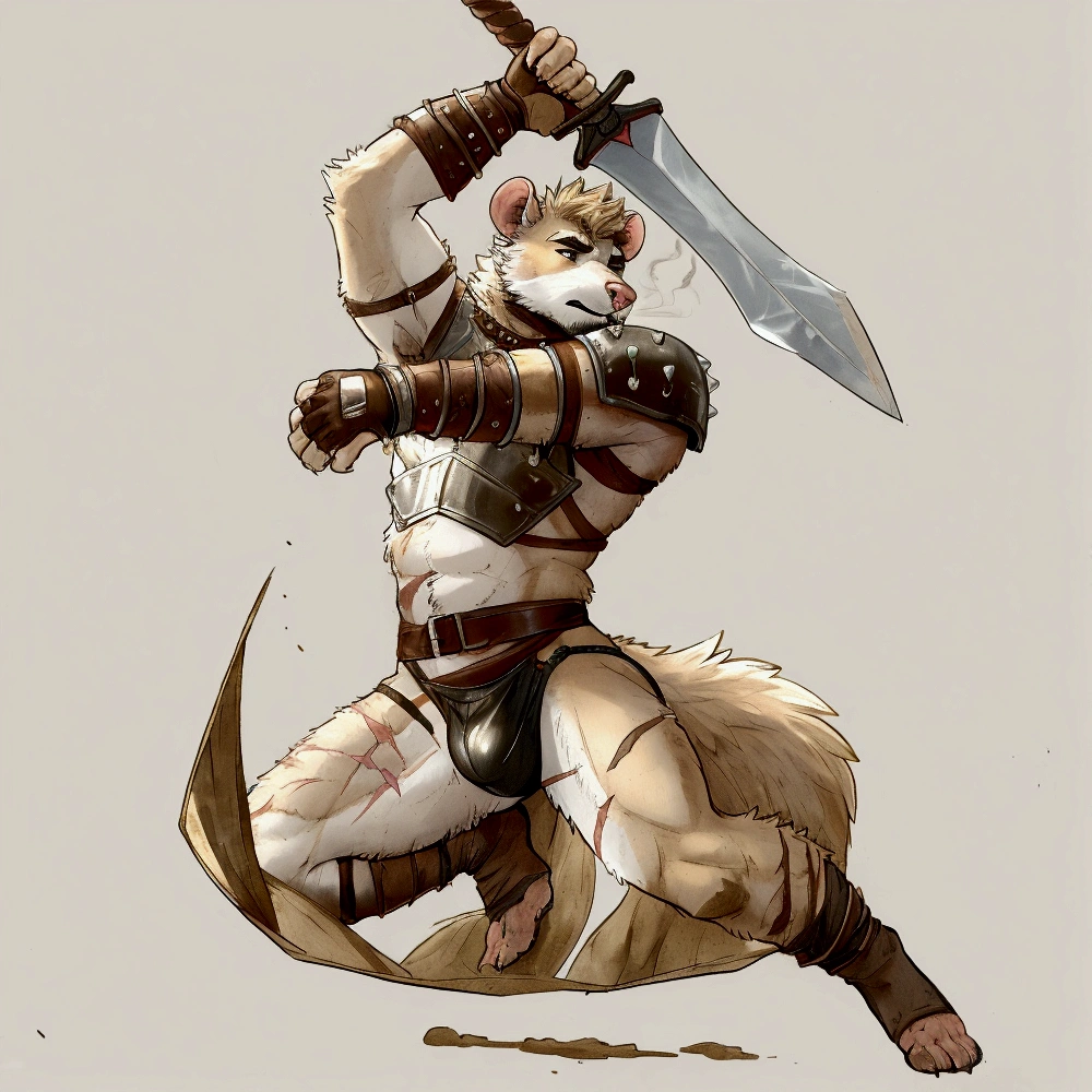 Solo Sexy young anthro furry rat male mercenary medieval solider, slim slim muscular, anthro handsome gay shorter muzzle, handsome gay model male apperance, sword scars, worn out leather skimpy armament, low on hips heavy leather belt, old very worn out skimpy dirty linen material jockstrap, old yellow dirty worn out stains on white sawn jockstrap, very visible "x" brown seam pattern on the jockstrap, studded skimpy armlets breastplate armor, skimpy breastplate, leather bondages, fingerless leather gloves, smelly unwashed furr, dirty body look, desert battlefield, standing in sexy fighting position, close view of full character