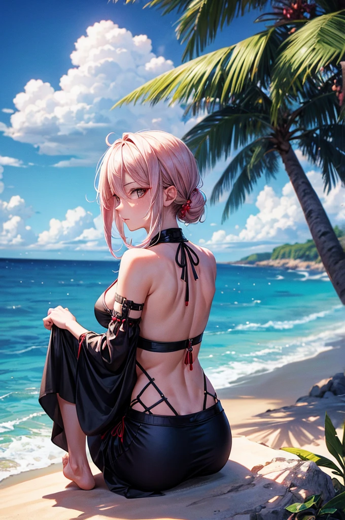 maki zenin sitting on beach, looking over shoulder, with dragon tattoo on her back
