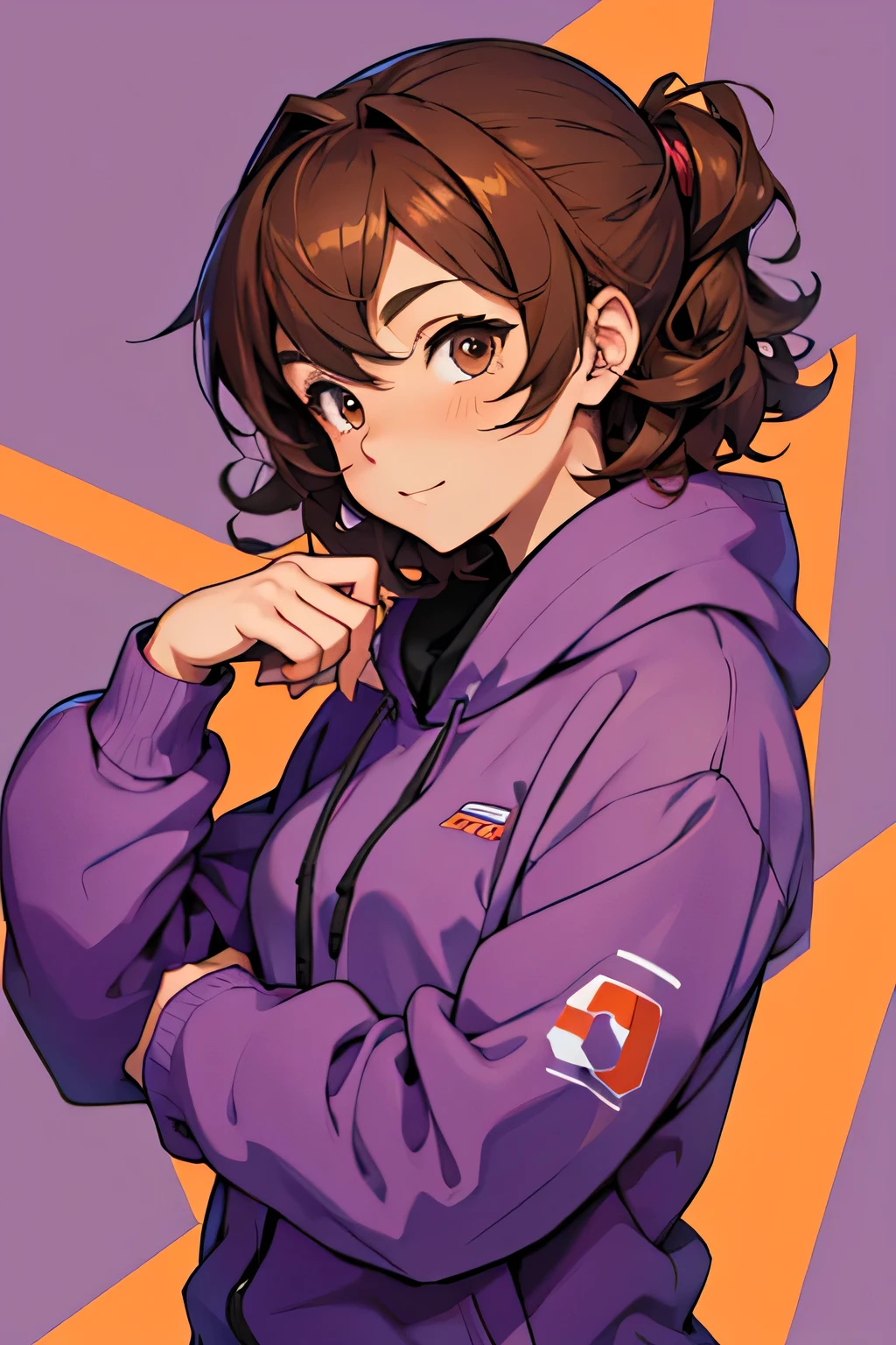 cute anime gamer girl with short curly brown hair and brown eyes in a purple and orange background