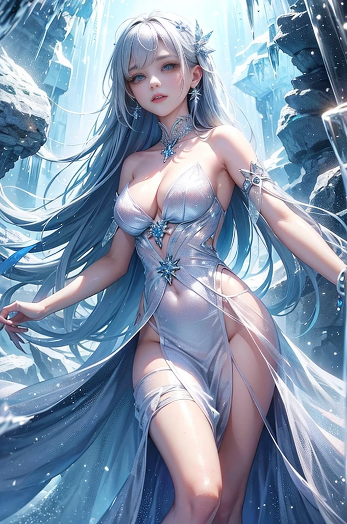 wood, Exquisite mini ice spikes and crystals, A frozen waterfall in the background, Light reflected by ice crystals, Flowing snowflakes、pretty girl,Small and beautiful breasts,Beautiful cleavage、Crystal Dress