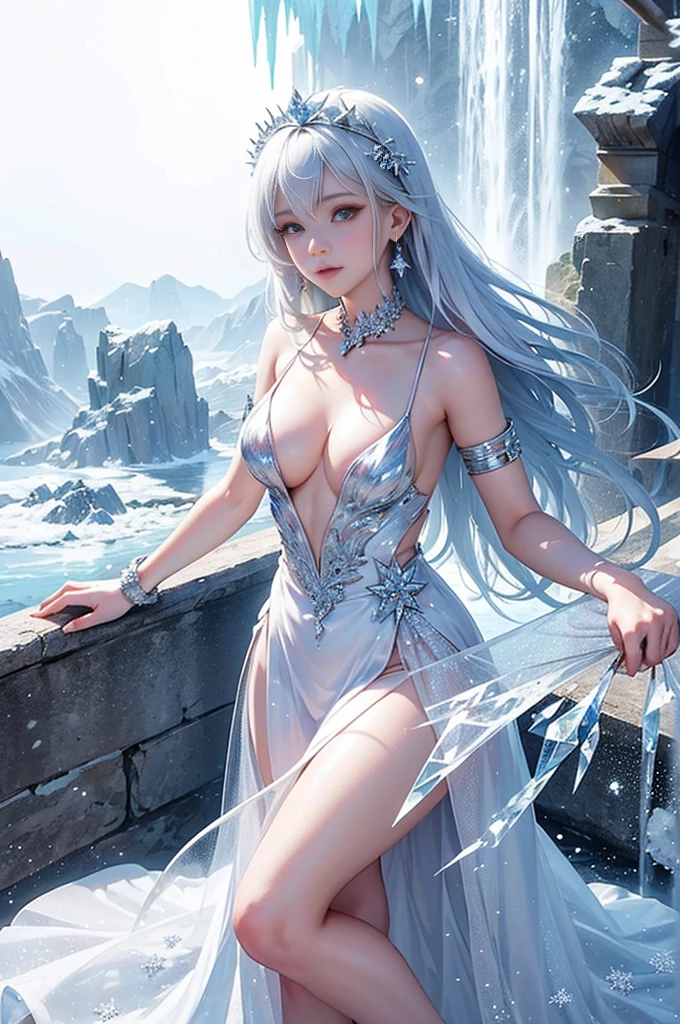 wood, Exquisite mini ice spikes and crystals, A frozen waterfall in the background, Light reflected by ice crystals, Flowing snowflakes、pretty girl,Small and beautiful breasts,Beautiful cleavage、Crystal Dress