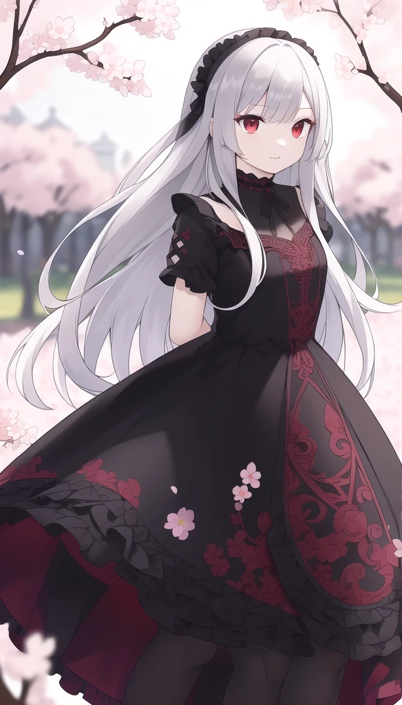 masterpiece, best quality, intricate, long hair, silver hair, red eyes, dress, frills, gothic, arms behind back,
outdoors, cherry blossoms, depth of field,