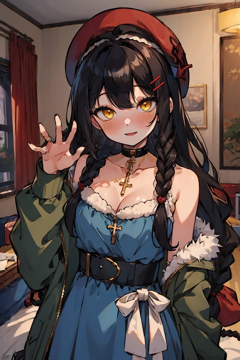 (masterpiece:1.2), (high quality:1.2), (hui xiyi:0.7), rekkyo sensen, rekkyou sensen, girls with((1girl, solo, black hair, yellow eyes, (wavy long hair, wearing a red millitary beret, braids, hairclips:1.55), blush, breasts, choker, cleavage, coat, cowboy shot, dress, blue clothes, ribbon waist belt, collar, collarbone, rosary, rosary choker, cross, fur, fur trim, parka, khaki hoodie, green hoodie, hood down, hooded coat, hooded jacket, hoodie, jacket, large breasts, long sleeves, medium breasts, open clothes, open coat,open hoodie, sleeveless, winter clothes, zipper, cleavage, upper body, hand up, waving, palm)), background with((bedroom, room:2.0))