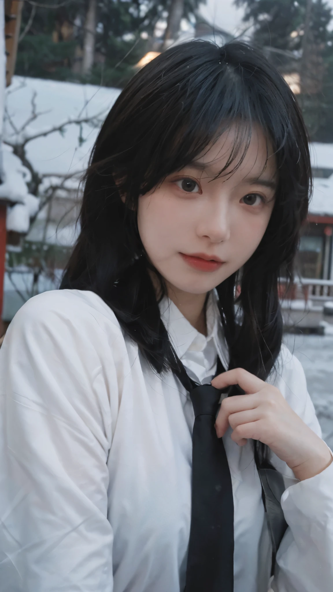 Best quality,masterpiece,Ultra-high resolution,snow,16K,Snow background,(Photo Realism:1.4),1 Girl,JK,Sexy,(Shirt and Tie:1.2),(Big breasts:1.3),(Upper body:1.4)