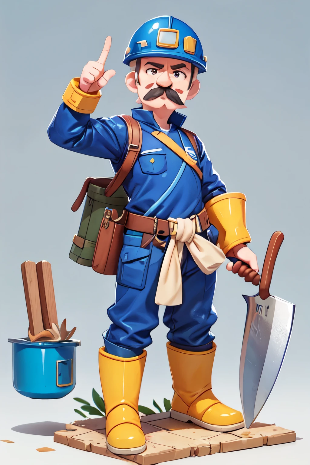 front view image Construction master senior man with small mustache with short hair holding in his right hand with the big finger up and in the other hand holding a metal trowel in blue uniform with big pocket strap, yellow boots and helmet