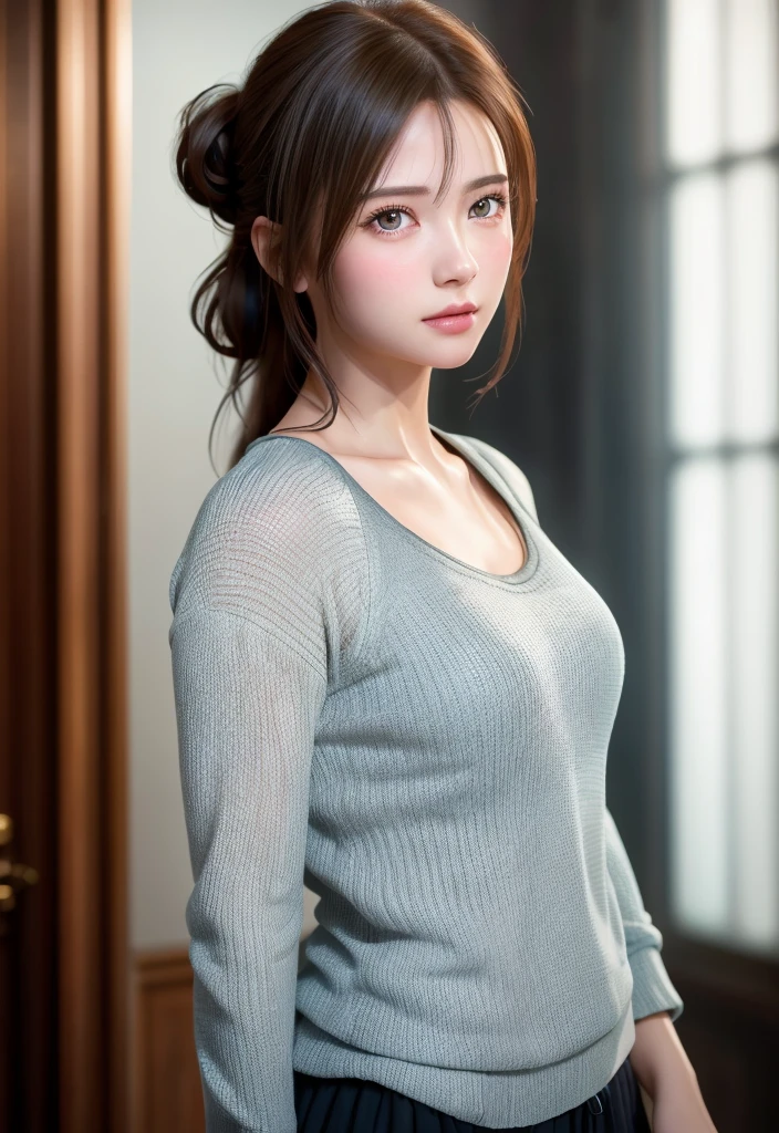 8K, of the highest quality, masutepiece:1.2), (Realistic, Photorealsitic:1.37), of the highest quality, masutepiece, Beautiful young woman, Pensive expression, Gentle eyes, Cute loungewear、full of shyness、Hair tied back, Messy mood, Cinematic background,  Light skin tone