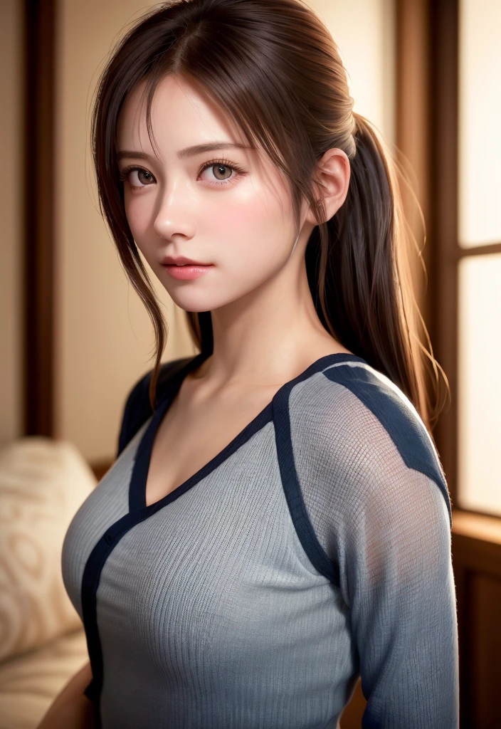 8K, of the highest quality, masutepiece:1.2), (Realistic, Photorealsitic:1.37), of the highest quality, masutepiece, Beautiful young woman, Pensive expression, Gentle eyes, Cute loungewear、full of shyness、Hair tied back, Messy mood, Cinematic background, Light skin tone