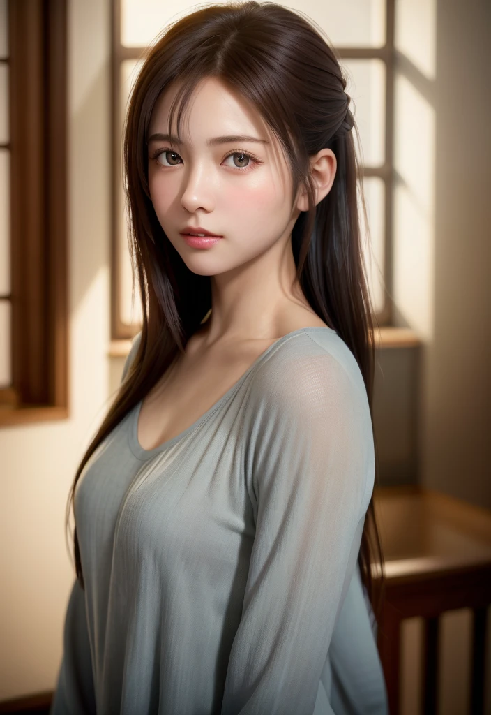 8K, of the highest quality, masutepiece:1.2), (Realistic, Photorealsitic:1.37), of the highest quality, masutepiece, Beautiful young woman, Pensive expression, Gentle eyes, Cute loungewear、full of shyness、Hair tied back, Messy mood, Cinematic background,  Light skin tone