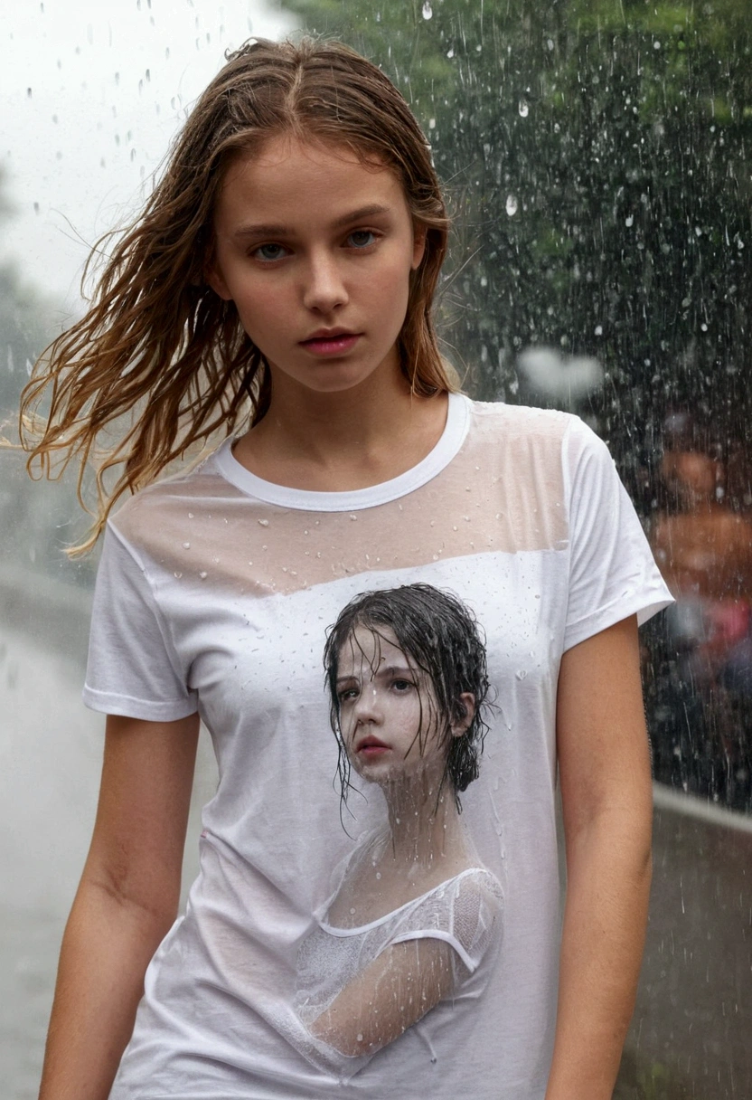 jeune fille érotique en pied tshirt blanc rendu transparent par la pluie