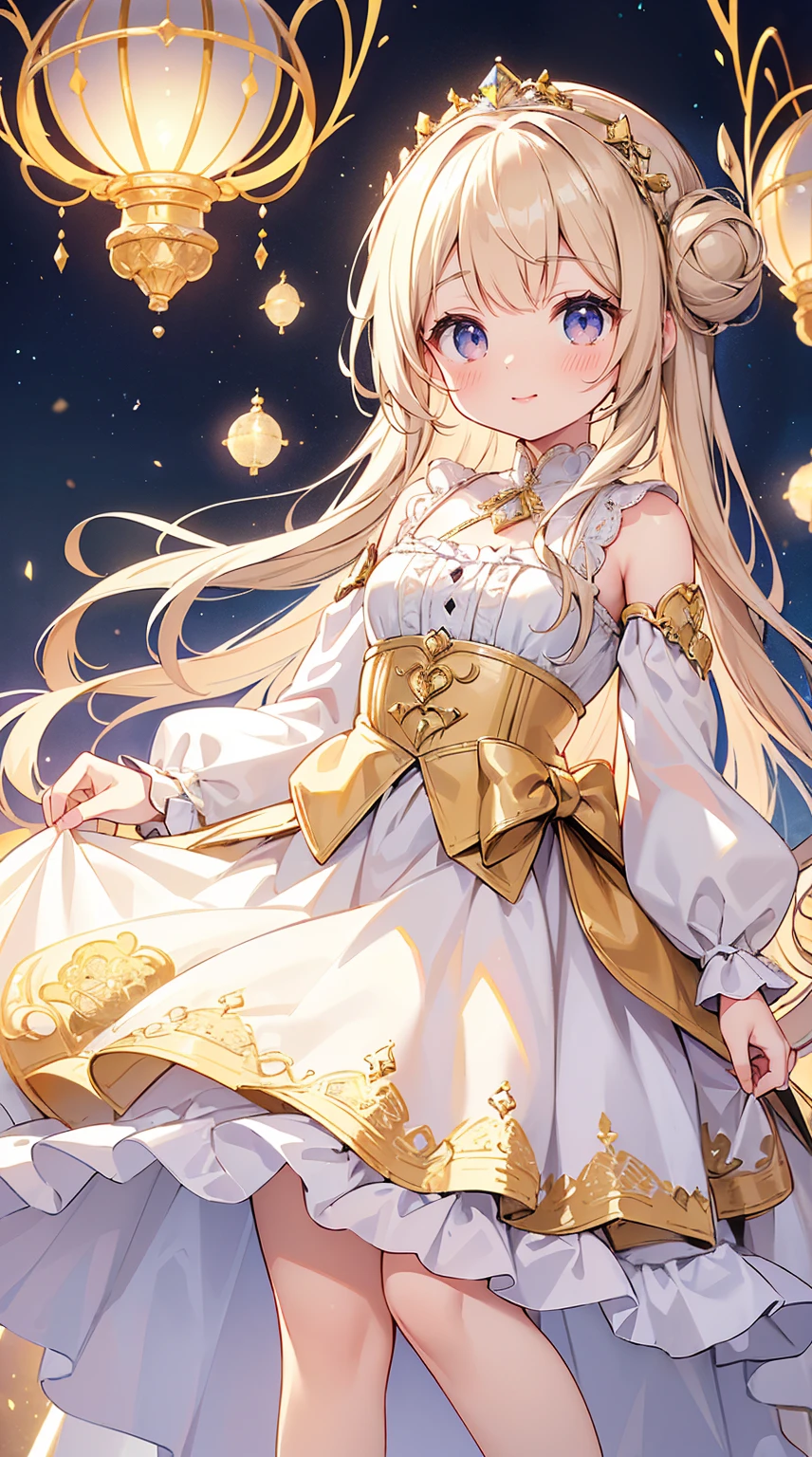 (quality, 4K, High resolution, masterpiece), ((Perfect Anatomy)), Cute Woman , tchibi, Light brown hair, Beige Hair, Long white hair, Gradient Eye ,((👄)), smile, Break Break Break, Wainwright dress with pastel lace trim, Crystallization of clothes, Striped cloth, Colorful clothing, Gradient Background, Floating light spot, ((A princess in a gorgeous rococo ball gown,Beautifully embroidered and decorated with jewels, Voluminous long skirt with frills)), ((Petticoat)), (Small underbust), (Spark of Light)