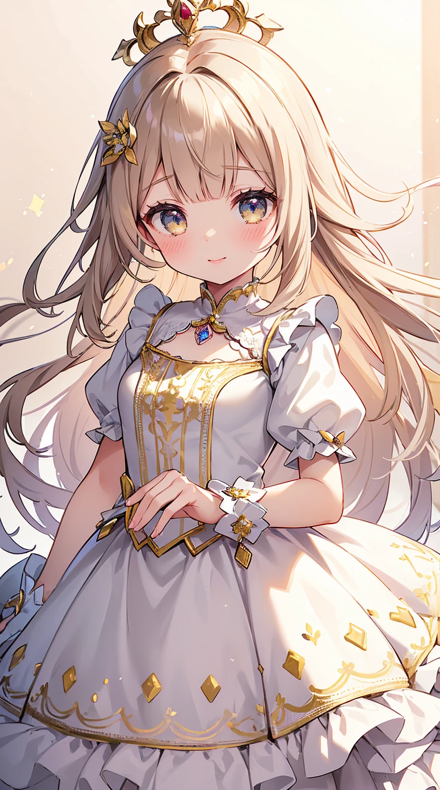 (quality, 4K, High resolution, masterpiece), ((Perfect Anatomy)), Cute Woman , tchibi, Light brown hair, Beige Hair, Long white hair, Gradient Eye ,((👄)), smile, Break Break Break, Wainwright dress with pastel lace trim, Crystallization of clothes, Striped cloth, Colorful clothing, Gradient Background, Floating light spot, ((A princess in a gorgeous rococo ball gown,Beautifully embroidered and decorated with jewels, Voluminous long skirt with frills)), ((Petticoat)), (Small underbust), (Spark of Light)