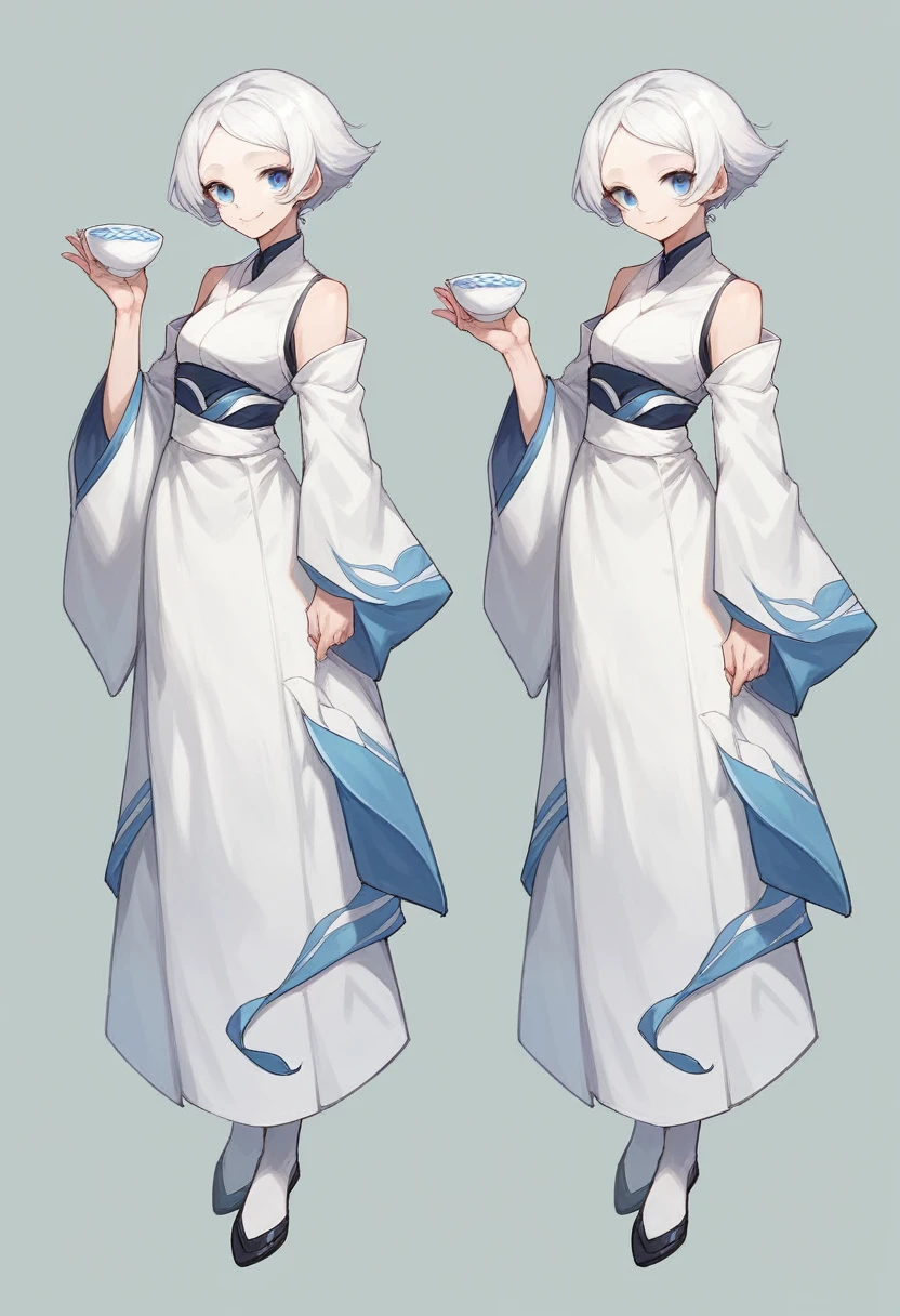 White long Hanfu full body, 1 girl, White hair,Blue eyes, Smile,Holding white lotus in hand,One cup,threeviews
