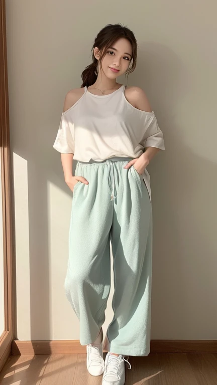 A young woman with shoulder-length, wavy brown hair tied in a loose ponytail、Pastel colored wide pants and oversized shirt、I'm wearing white sneakers。So that your whole body can be seen、She is standing in a relaxed pose with one leg slightly bent.、Smiling brightly。Have a naturally glowing skin。The background is softly lit、Creating a warm and comfortable atmosphere。The overall mood is light and calm.。Please use photo-realistic images。