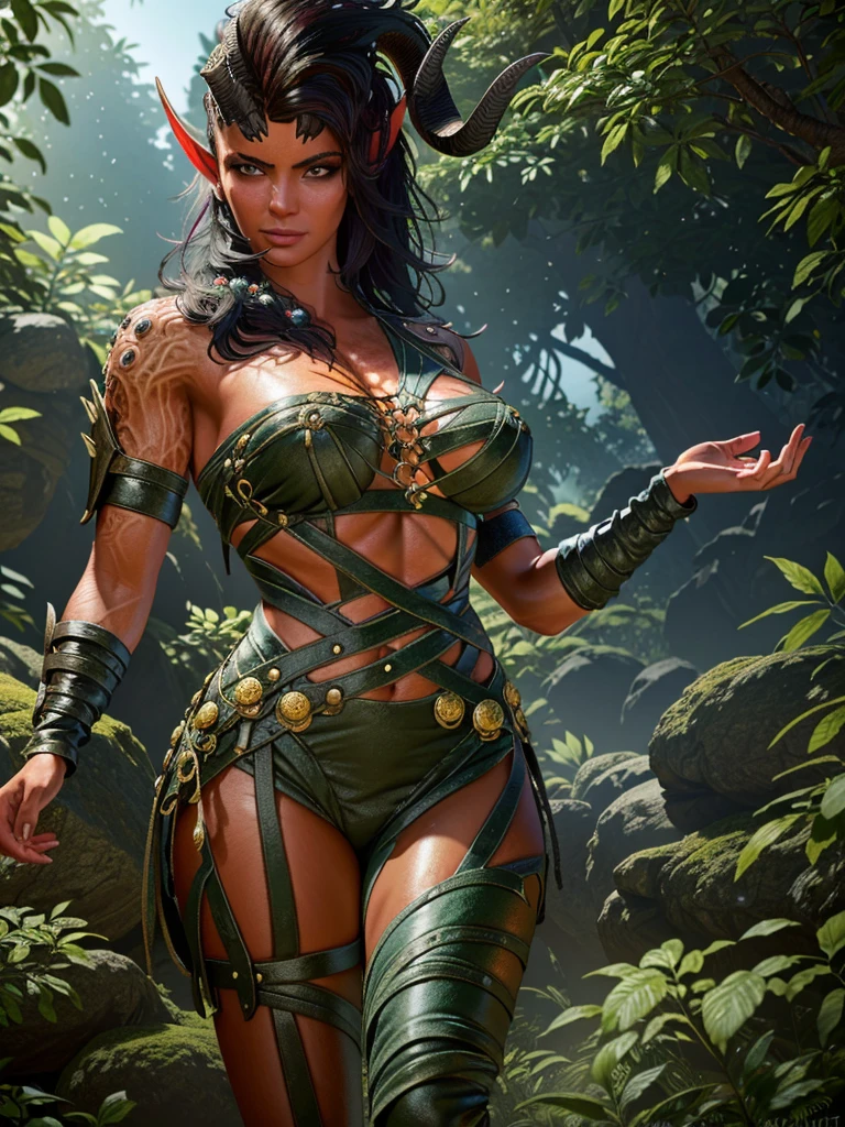 (masterpiece, best quality:1.3)
BGKarlach, 1girl, solo, realistic, long hair, horns, pointy ears, huge breasts, in lush jungle with flowers by Stanley Artgerm Lau, greg rutkowski, thomas kindkade, alphonse