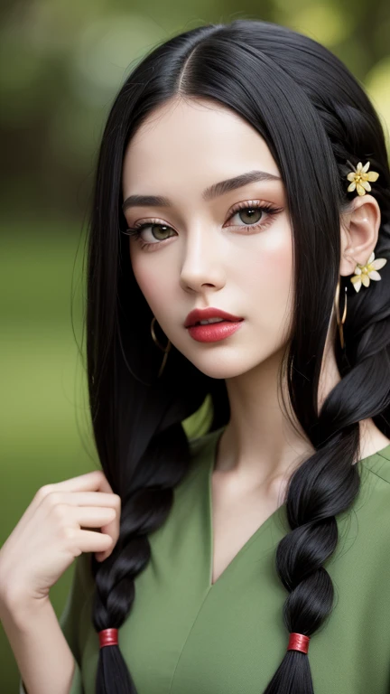 Figure:
Complete figure
face:
.Perfect face
adult female:
woman with very long blonde -black hair and very large blonde-black hair.
hairstyles:
very long braids hairstyles.
eye:
gray eyes.
lips:
red lips.
clothes:
wearing dress green-black with flowers
body figure:
complete figure, full-length
model:
Macro photography, macro lens, close-up, highly detailed