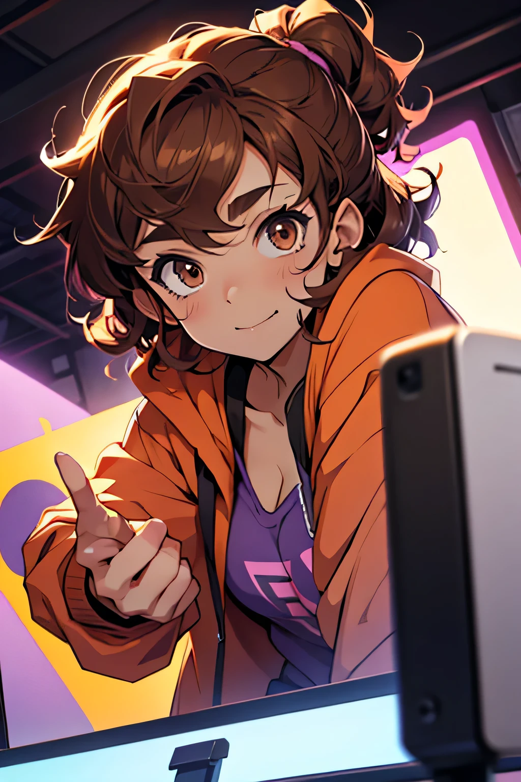 cute anime gamer girl with short curly brown hair and brown eyes in a purple and orange background