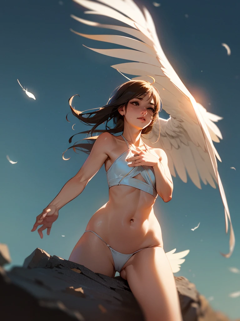 (Sumilux f1.4 24mm , low Latitude old color negative film , cross process , bokeh, flare, chromatic aberration , soft focus, (Shallow focus) , soft glow , Maximum aperture, High Key , Transparent depiction) , Wide angle , anime Harpy girl , round face , skinny body , Loose-fitting Halter neck , Many feathers fluttering down , clothed erotica , Opera singer pose , on the The peak of the rock , Strong winds , Cloaca , White excrement comes out