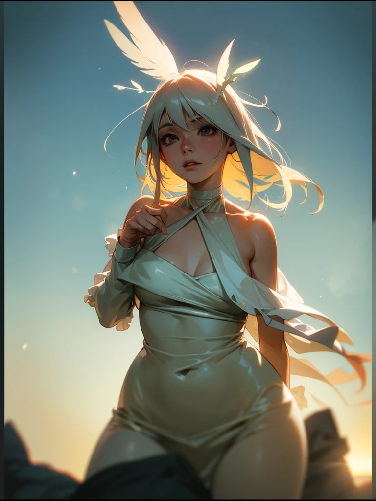 (Sumilux f1.4 24mm , low Latitude old color negative film , cross process , bokeh, flare, chromatic aberration , soft focus, (Shallow focus) , soft glow , Maximum aperture, High Key , Transparent depiction) , Wide angle , anime Harpy girl , round face , skinny body , Loose-fitting Halter neck , Many feathers fluttering down , clothed erotica , Opera singer pose , on the The peak of the rock , Strong winds , Cloaca , White excrement comes out
