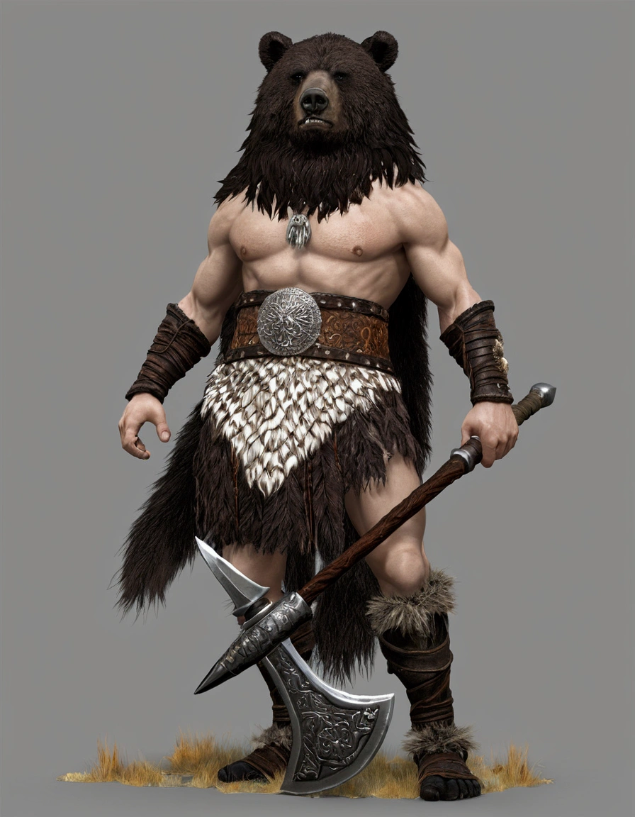 bersserker barbarian wearing bearskin: ultra realistic and detailed