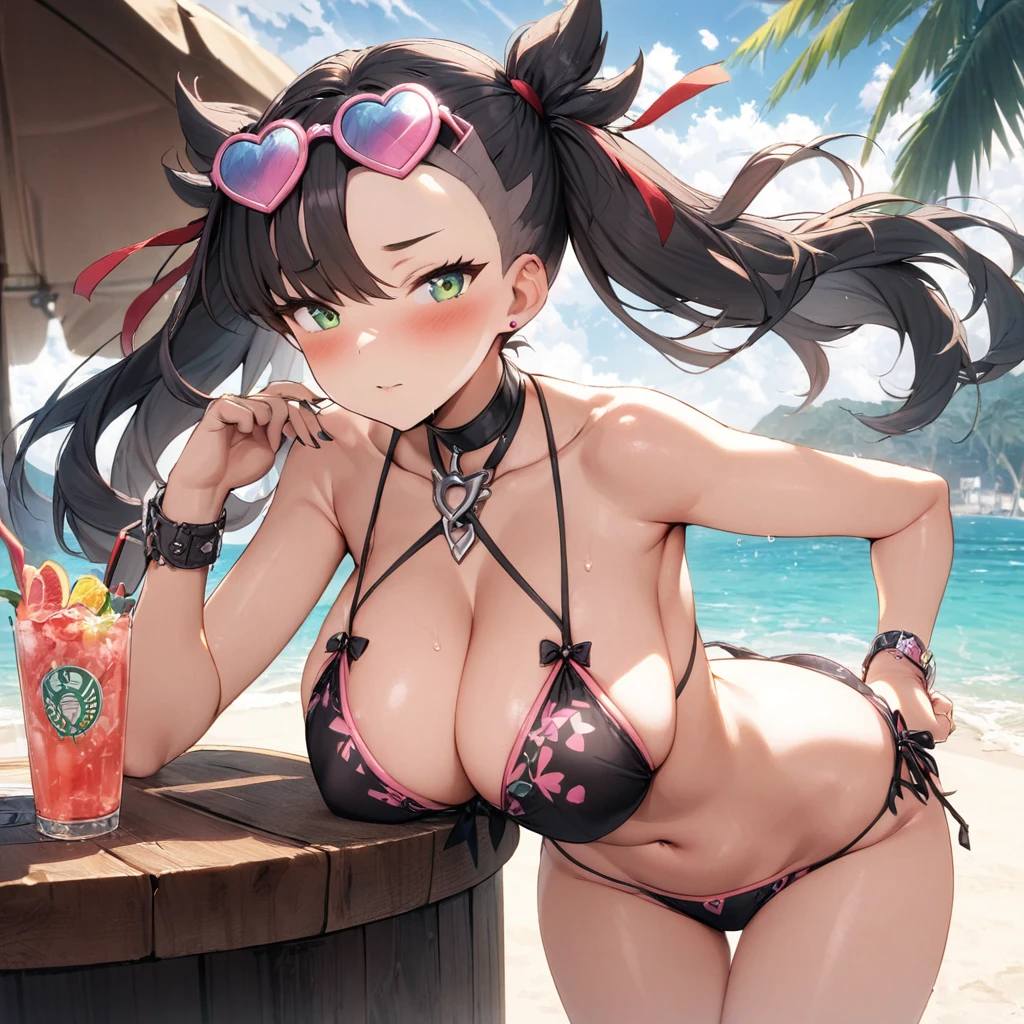 (masterpiece), best quality, expressive eyes, perfect face,1girl,gravure idol,big breasts,pink and black patterned string bikini,pink heart-shaped sunglases on head,strap gap,beach,beach bar,blush,cowboy shot,looking at viewer 
, red ribbon, asymmetrical bangs, twintails, green eyes, hair ribbon, black hair, marnie, heart pendant 