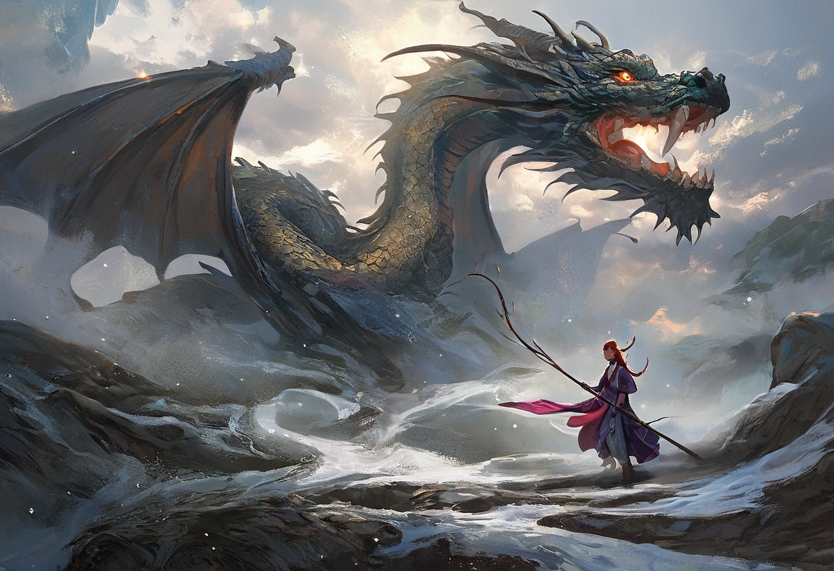Anime style artwork,A woman holds a stick in front of a dragon, Epic fantasy digital art style, 4K fantasy art, Epic Fantasy Artwork, author:Yang Jie, epic fantasy illustration, dark fantasy style art, detailed fantasy art, dragon queen, epic fantasy game art, movie fantasy painting, epic fantasy art style, dark fantasy artwork,dw01-3400